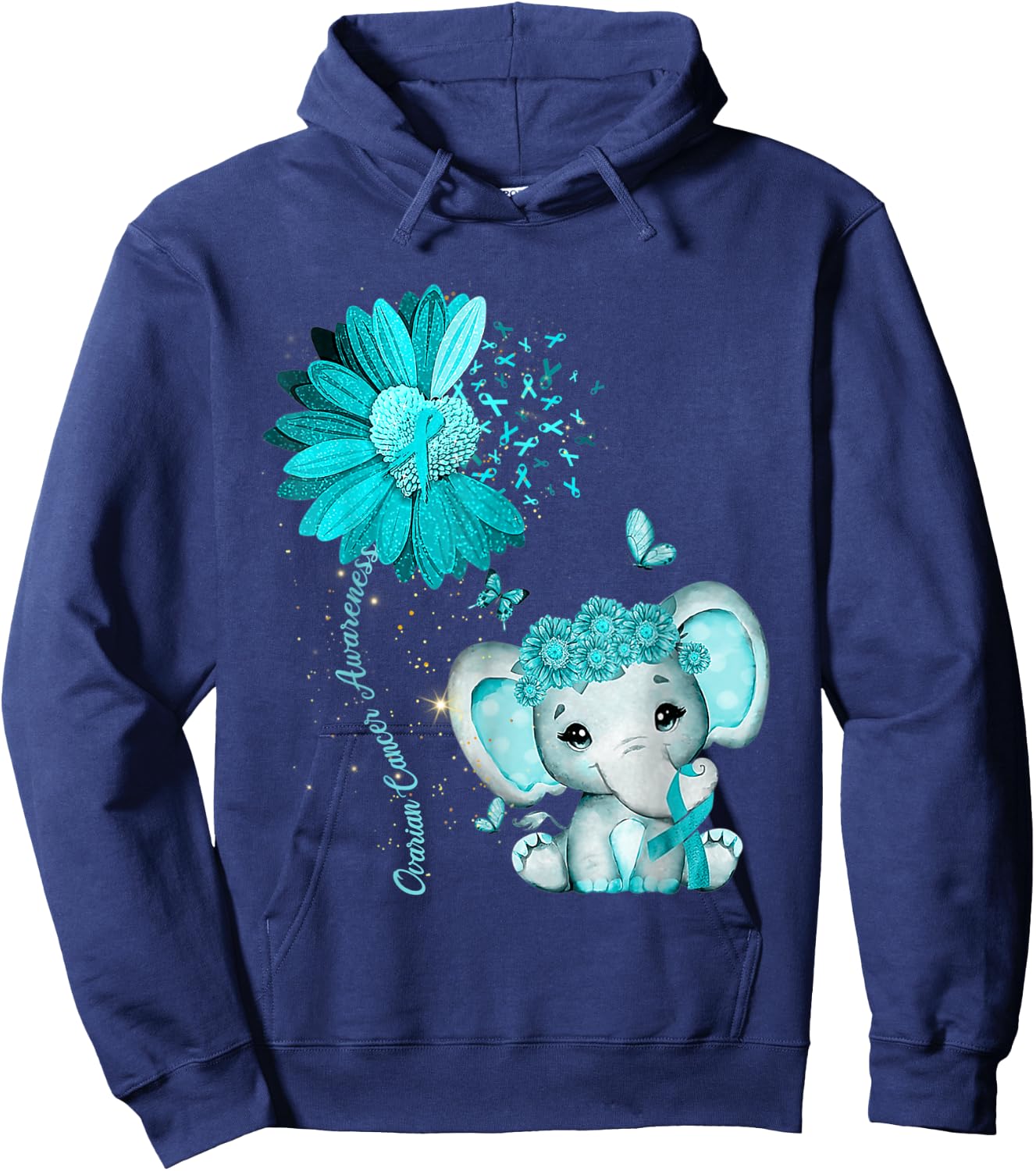 Ovarian Cancer Awareness Sunflower Teal Ribbon Elephant Hoodie - Hoodie | Navy