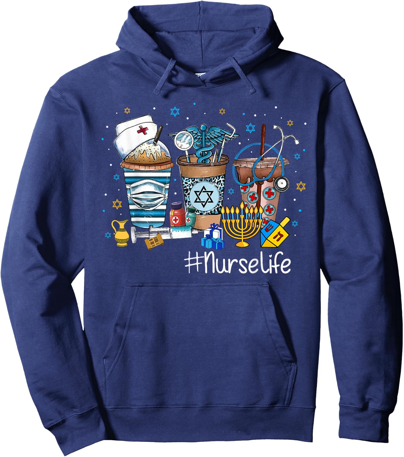 Happy Hanukkah Coffee Latte School Nurse Jewish Chanukah Hoodie - Hoodie | Navy