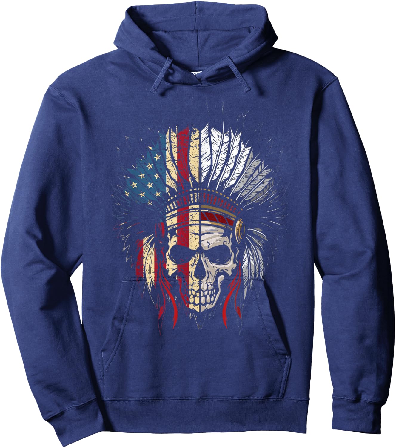 American Native Headdress USA Flag Indian Skull Women Men Hoodie - Hoodie | Navy