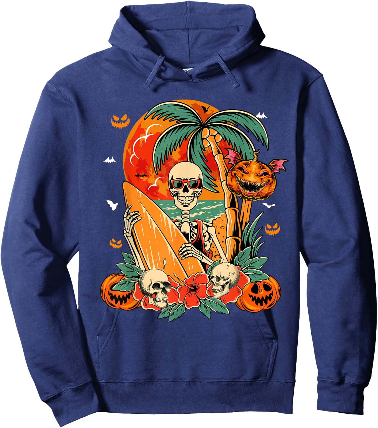 Skeleton Surfer Halloween Hawaiian Floral Carved Pumpkins Hoodie - Hoodie | Navy