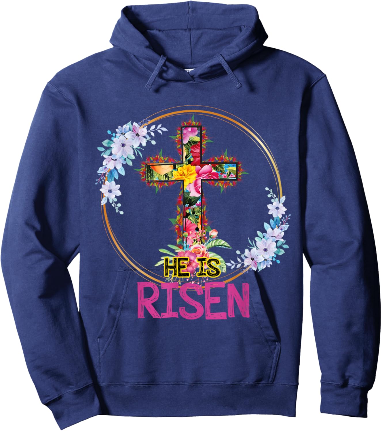 He is Risen Floral Tie Dye Vintage Cross Happy Easter Hoodie - Hoodie | Navy