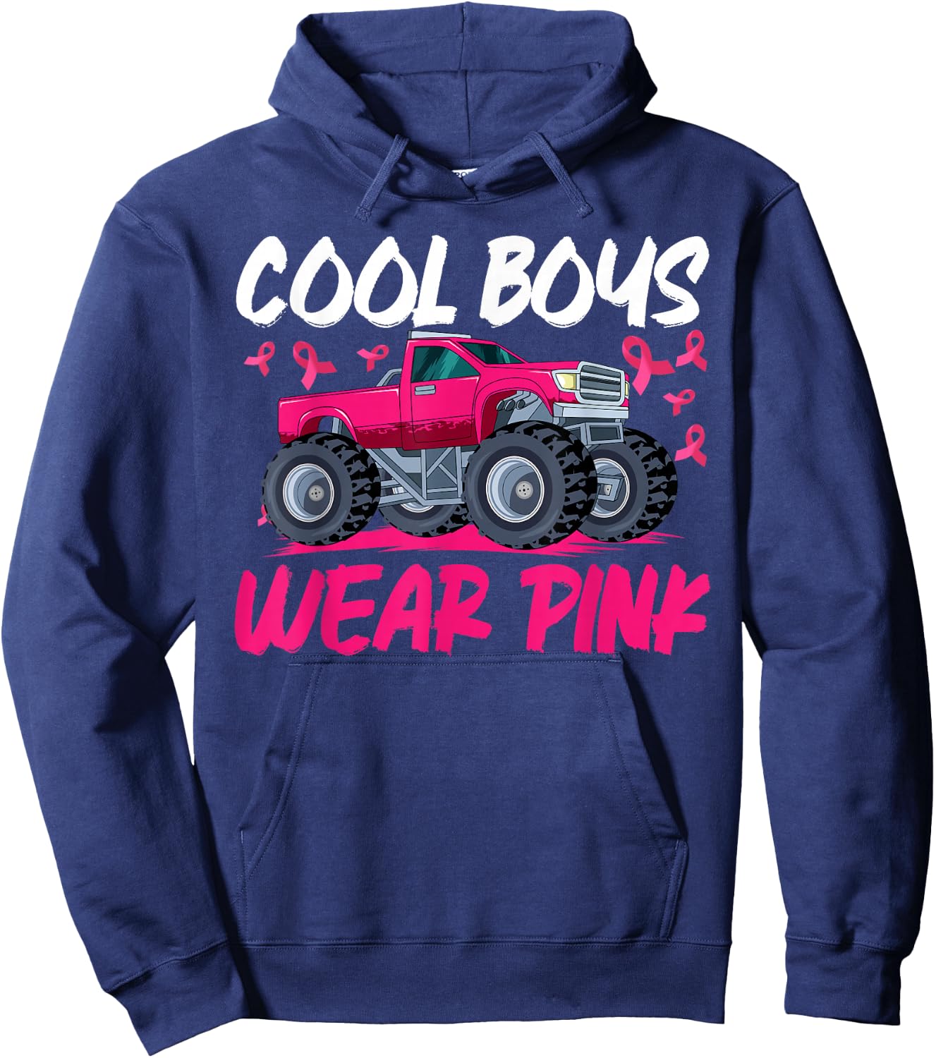 Monster Truck Breast Cancer Awareness Cool Boys Wear Pink Hoodie - Hoodie | Navy
