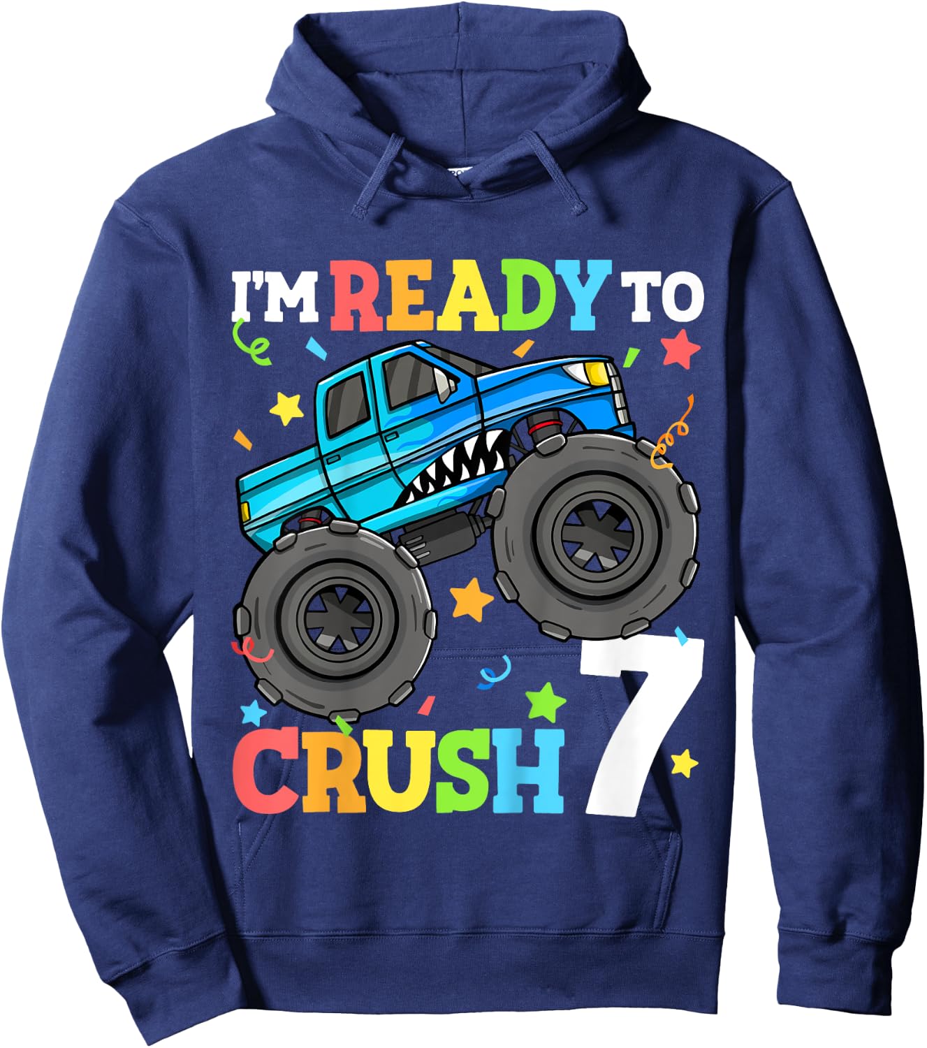 Kids Monster Truck Shark 7th Birthday Boy 7 Seven Year Old Hoodie - Hoodie | Navy
