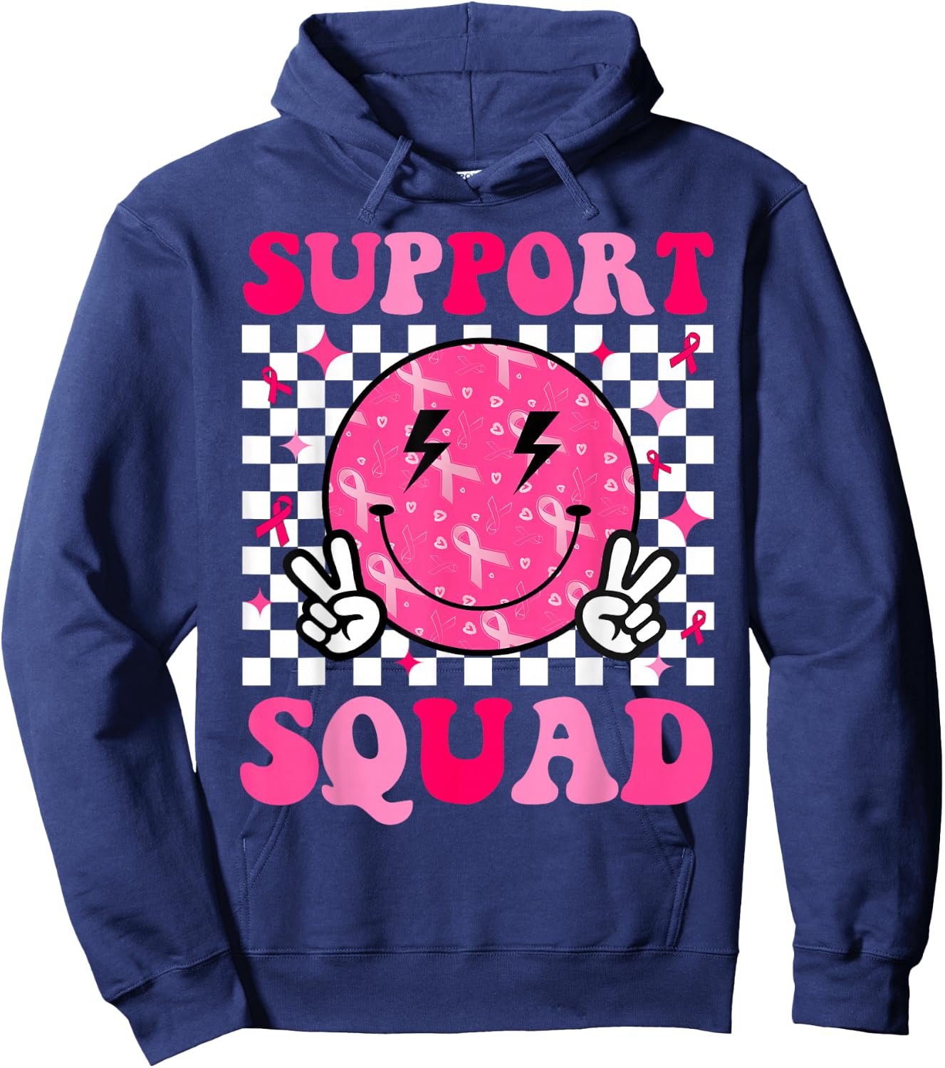 Support Squad Breast Cancer Awareness Pink Ribbon Smile Face Hoodie - Hoodie | Navy