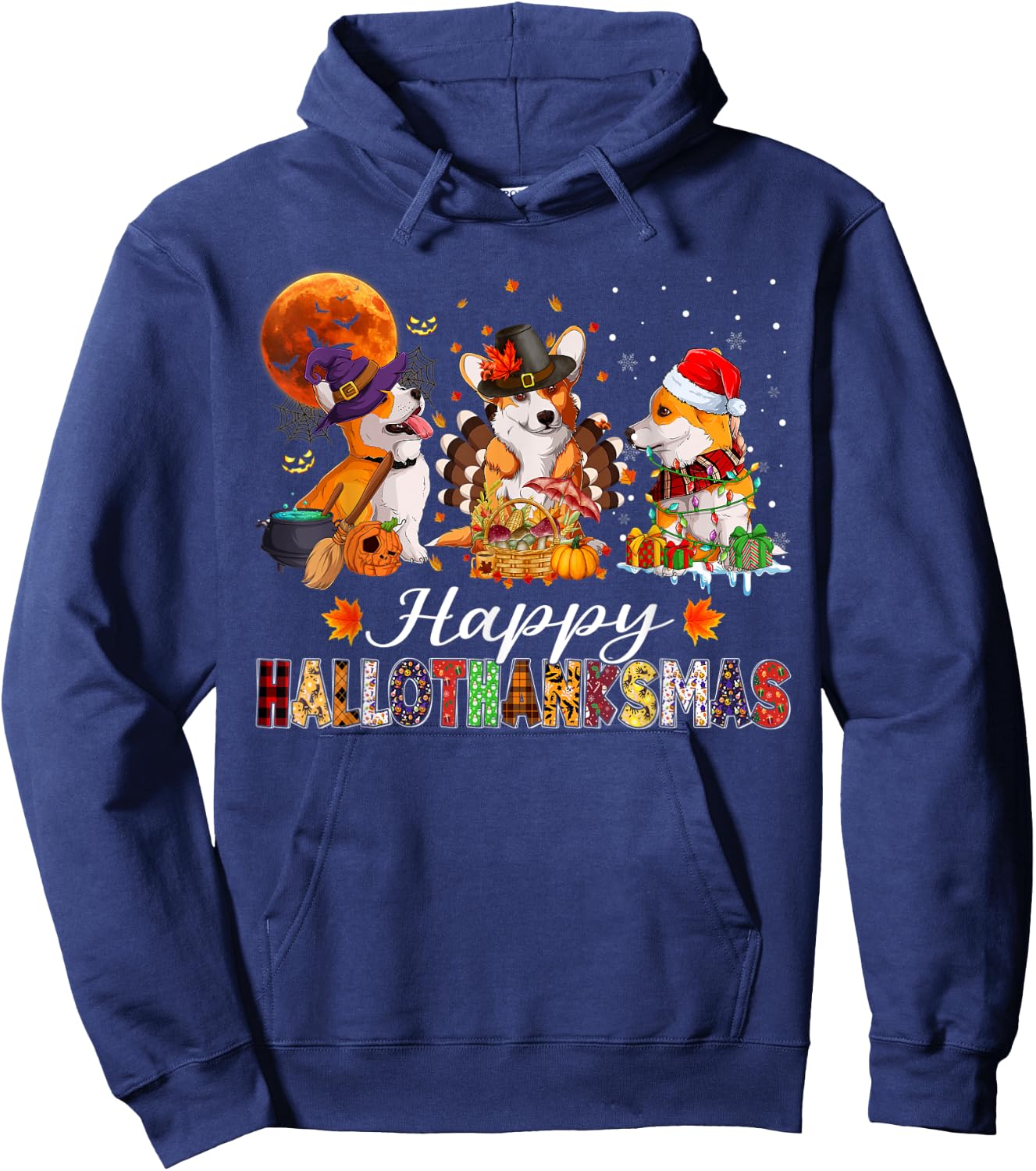 Corgi Dogs Halloween Thanksgiving Christmas Hallothanksmas Hoodie - Hoodie | Navy