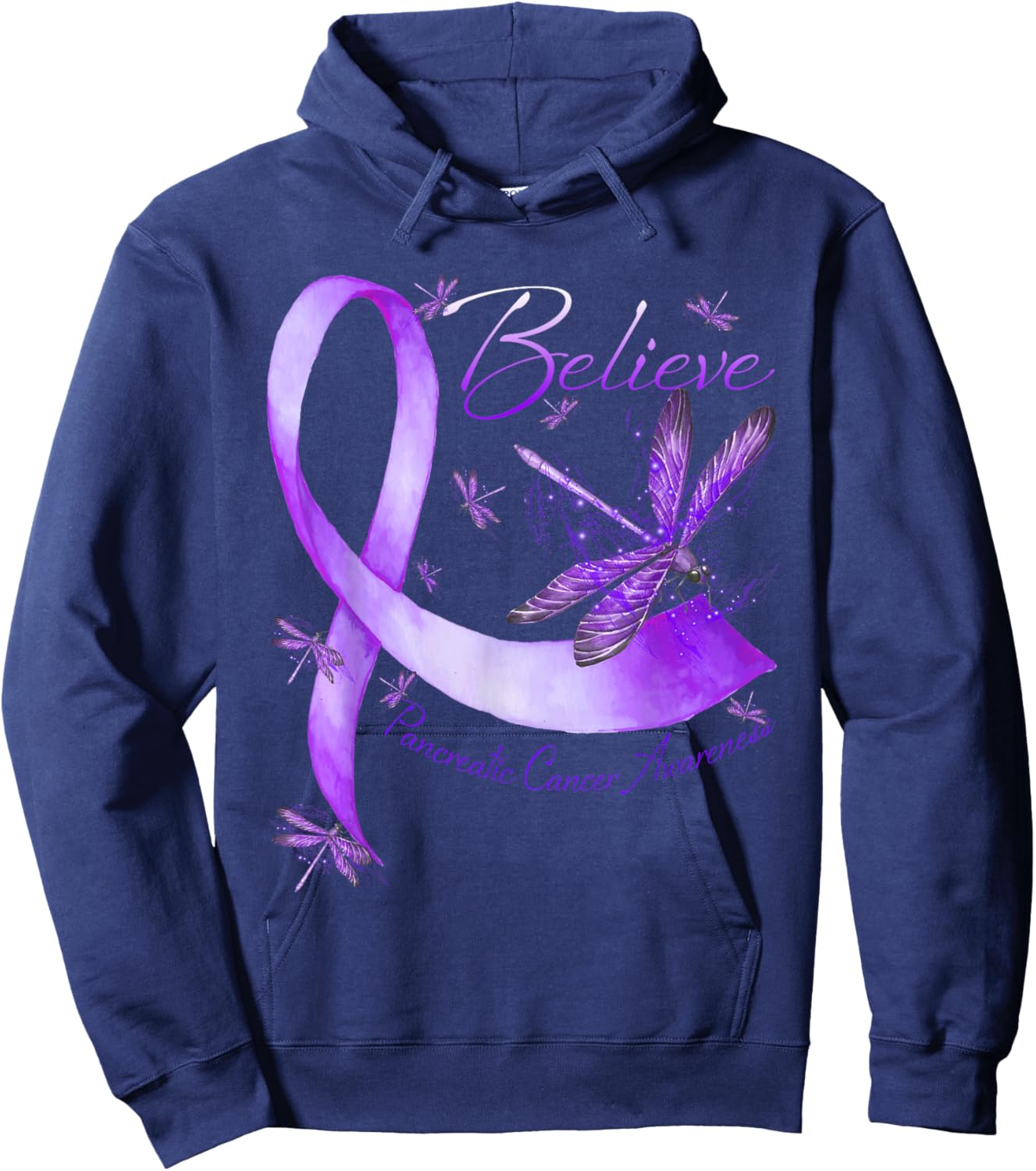 Believe Pancreatic Cancer Awareness Dragonfly Purple Ribbon Hoodie - Hoodie | Navy