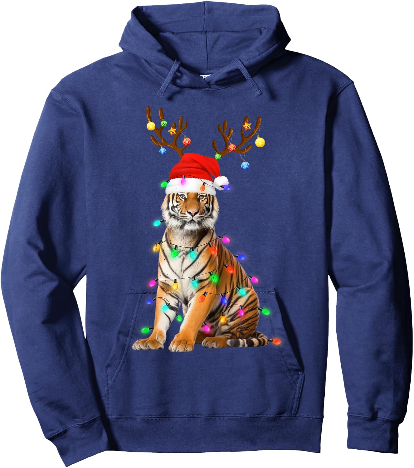 Santa Hat Funny Tiger Tree Xmas Light Animal Christmas Hoodie - Hoodie | Navy