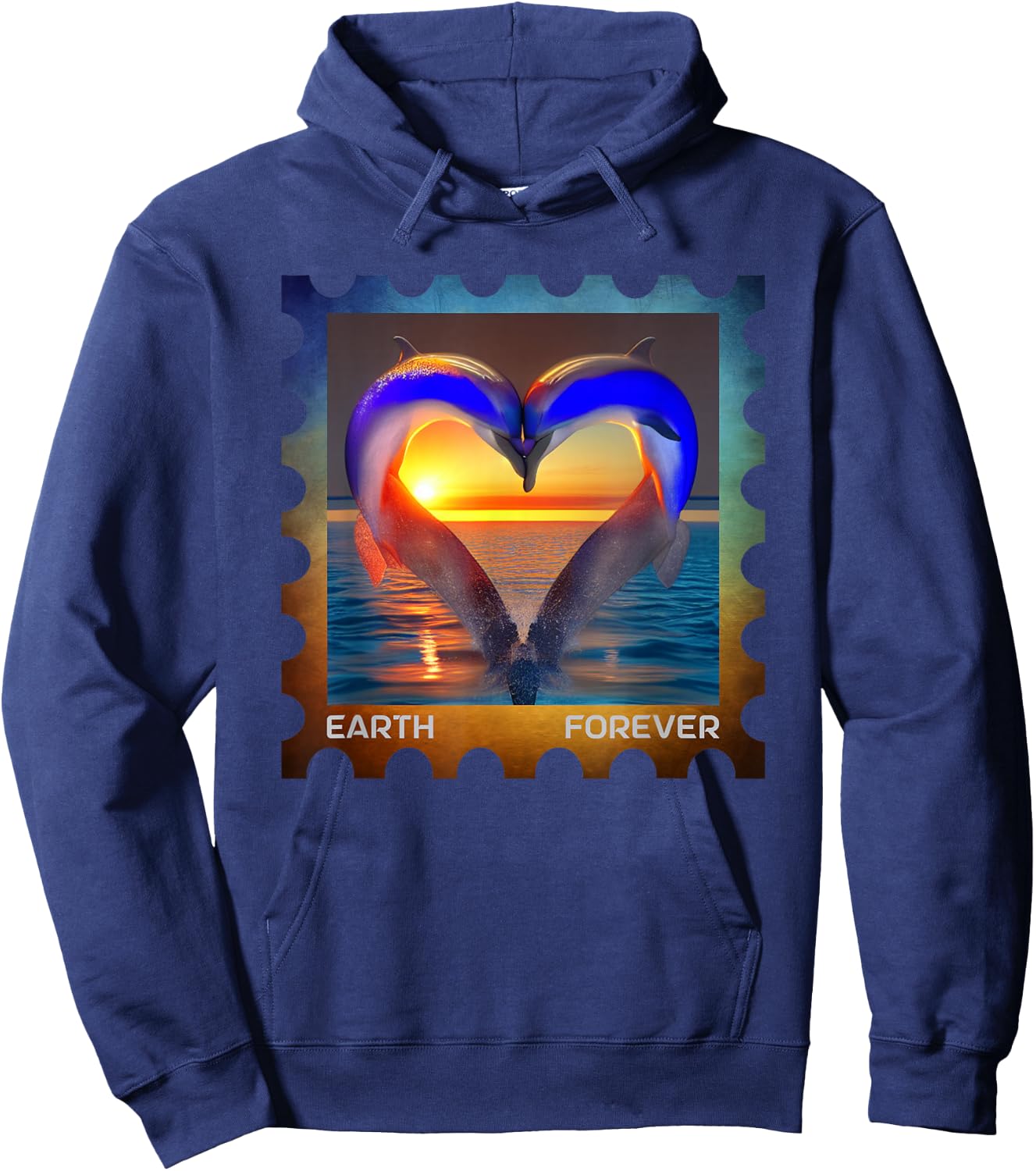 EARTH FOREVER Postage Stamp Ocean Sunset Heart Cute Dolphins Hoodie - Hoodie | Navy