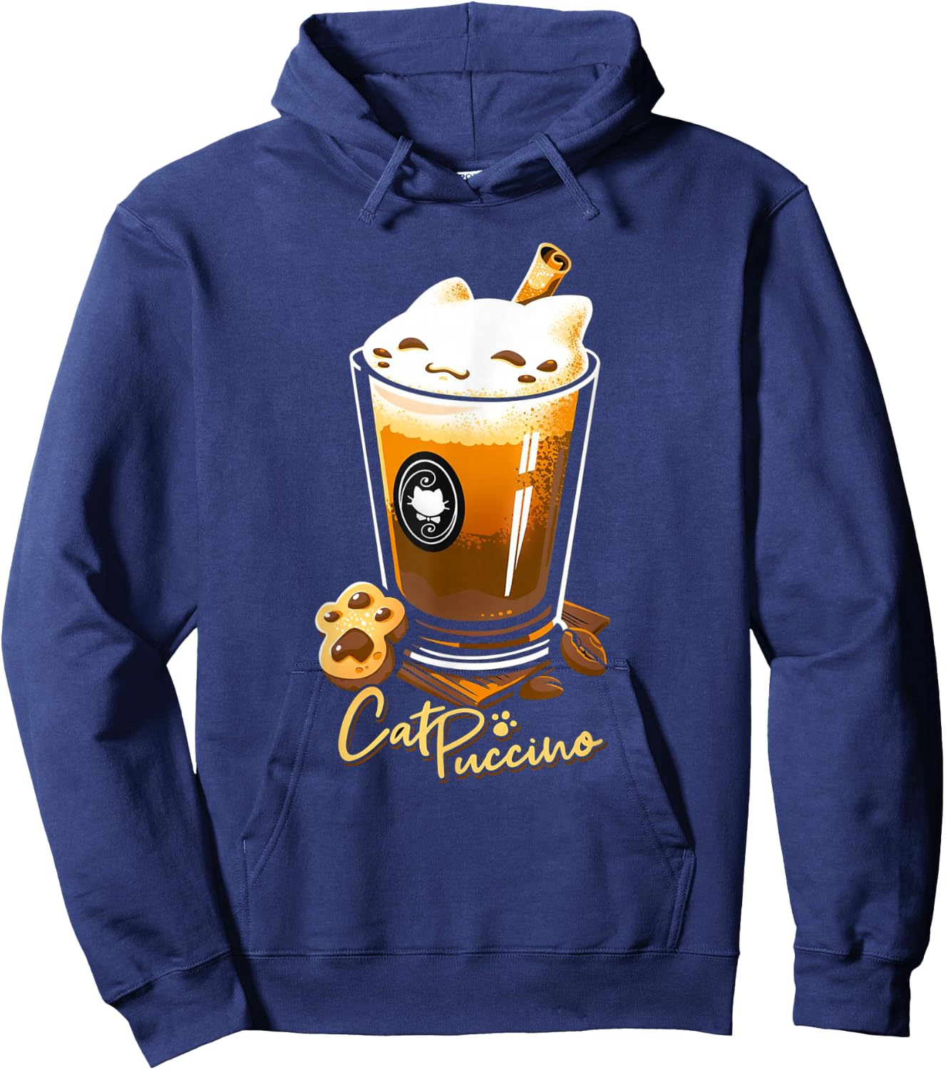Retro Cat Boho Puccino Funny Coffee Cat Cute Cup Hoodie - Hoodie | Navy
