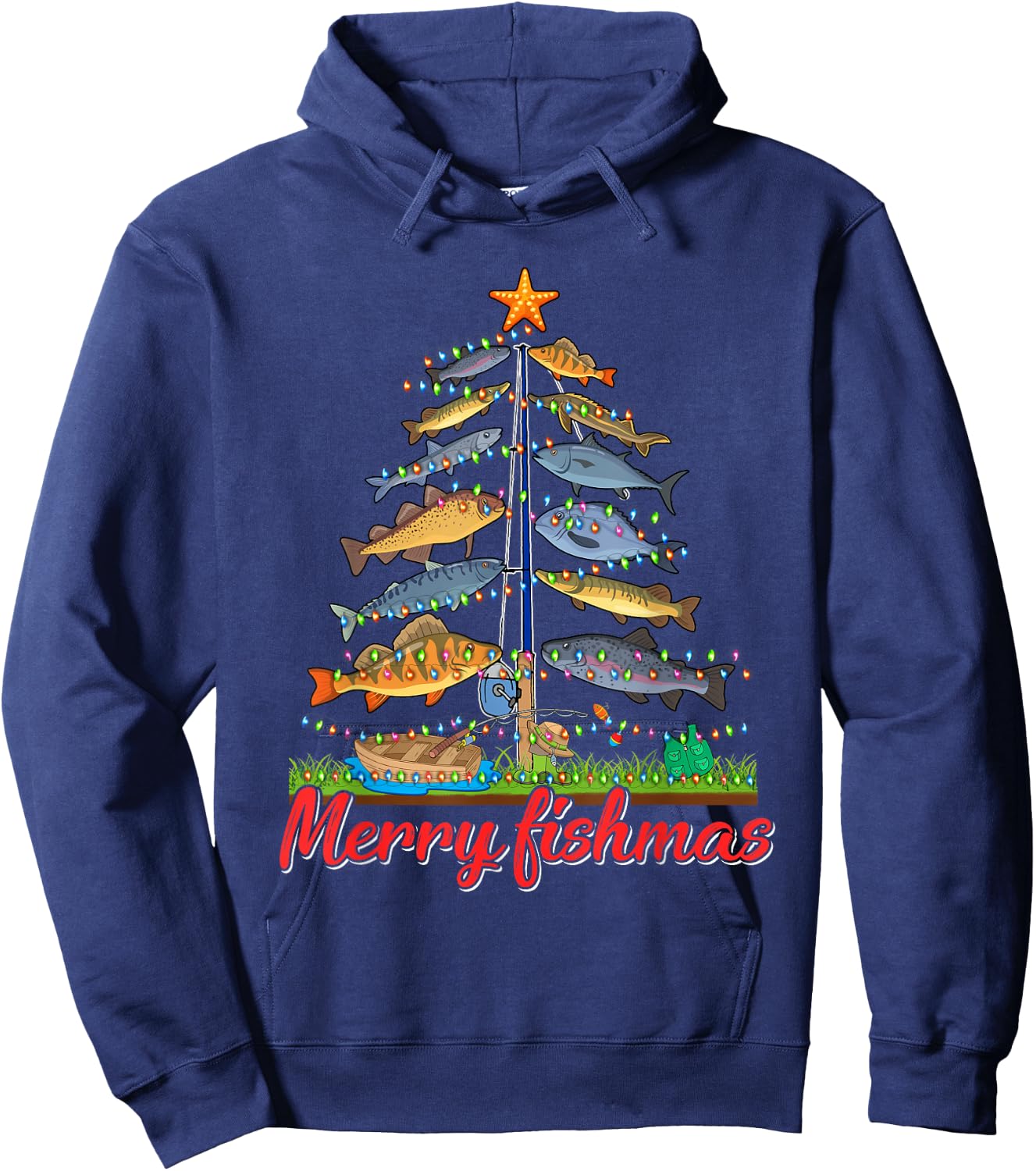 Merry Fishmas Funny Fisher Christmas Tree Fishing Pajama Hoodie - Hoodie | Navy