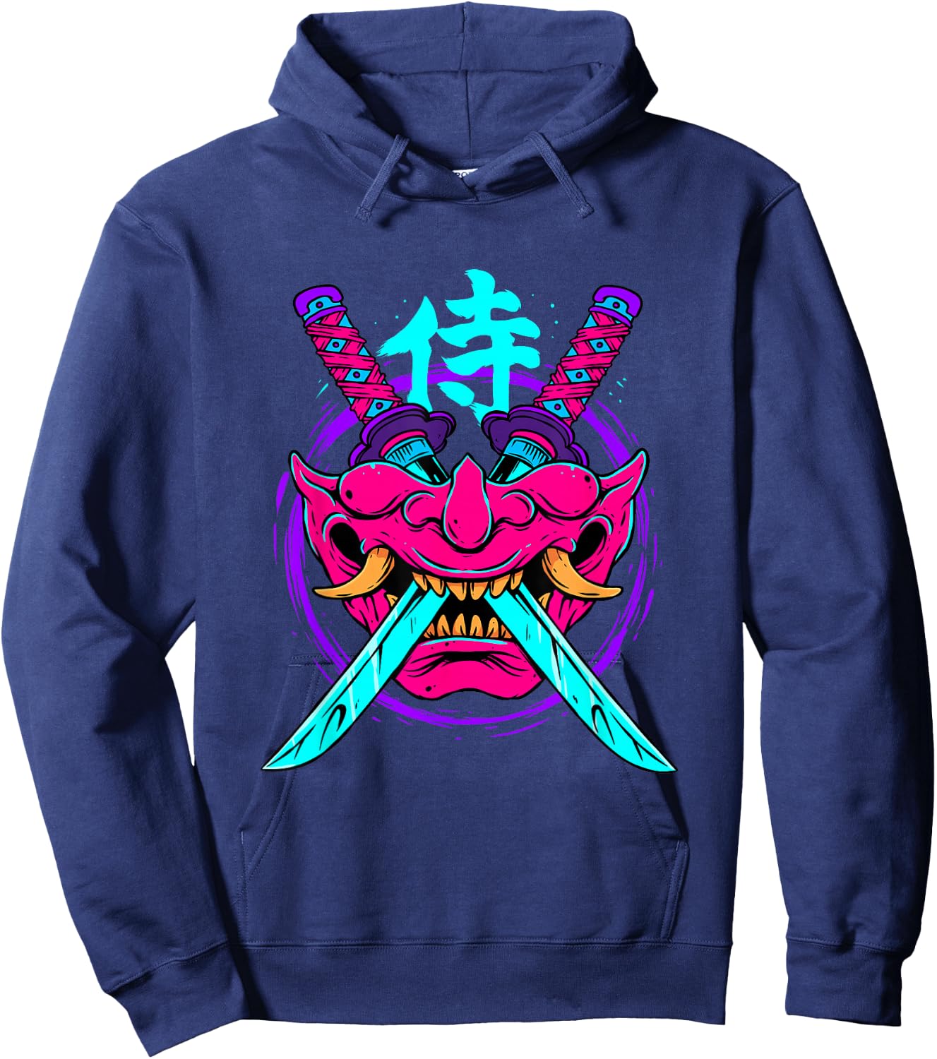 Vaporwave Aesthetic Japanese Samurai Mask Oni Kanji Bushido Hoodie - Hoodie | Navy
