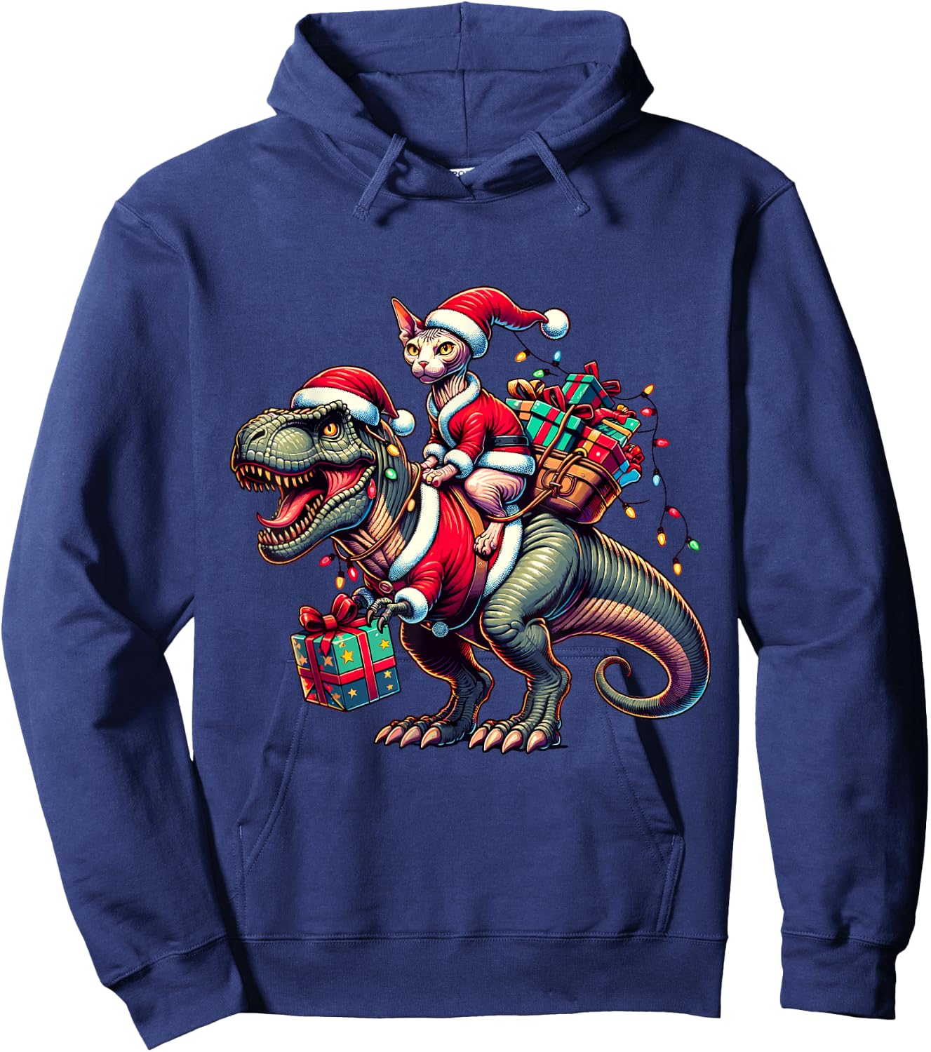 Adorable Sphynx Cat Rides Christmas T-Rex Santa for Sphynx Hoodie - Hoodie | Navy