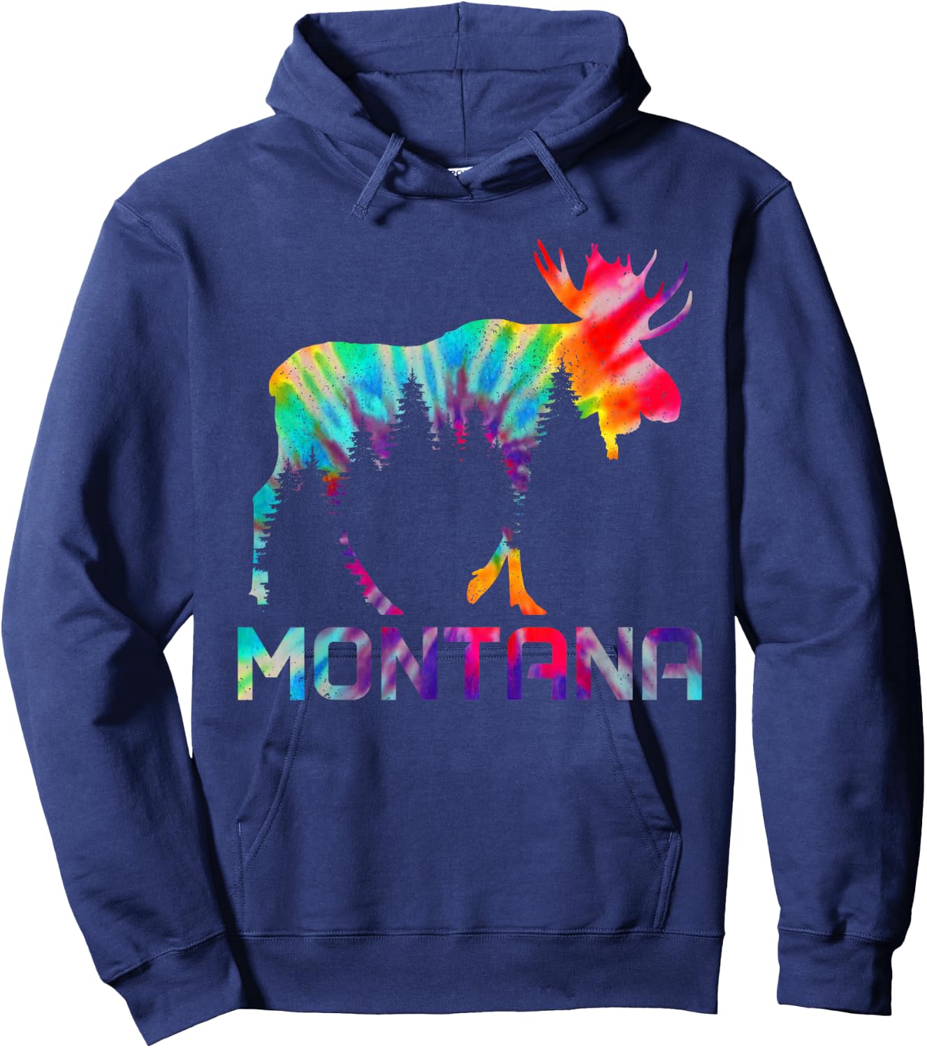 Montana PNW Vintage Tie Dye Souvenir Moose Hoodie - Hoodie | Navy