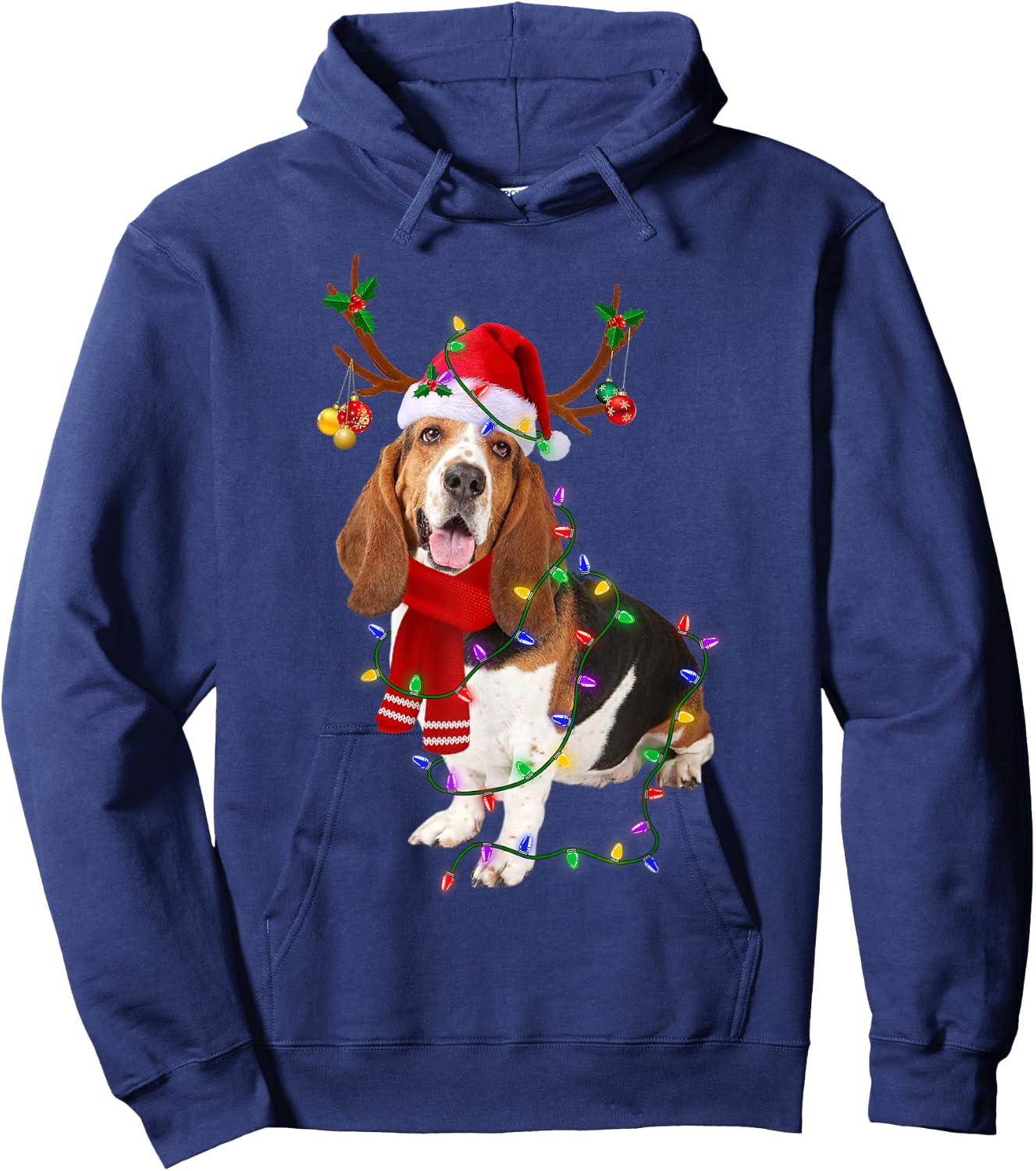 Funny Basset Hound Dog Tree Christmas Lights Xmas Pajama Men Women Kids Hoodie - Hoodie | Navy