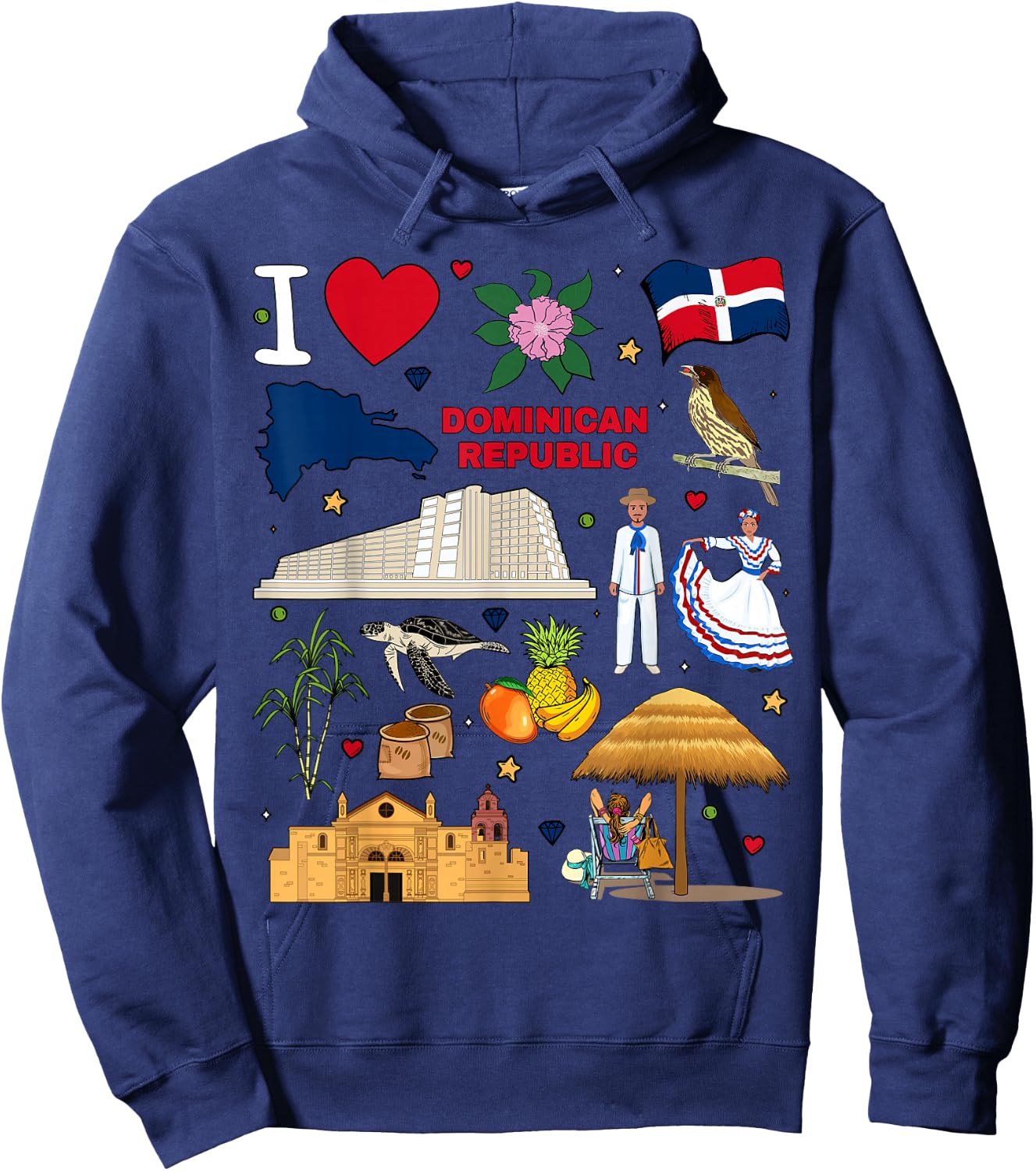 I Love Dominican Republic. Hand Drawn Landmarks, Flag, map Hoodie - Hoodie | Navy