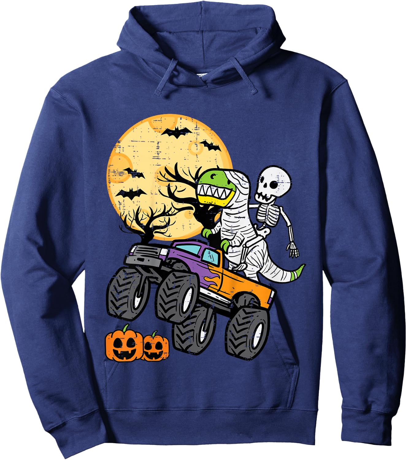 Kids Skeleton Dino Monster Truck Halloween Costume Toddler Boys Hoodie - Hoodie | Navy
