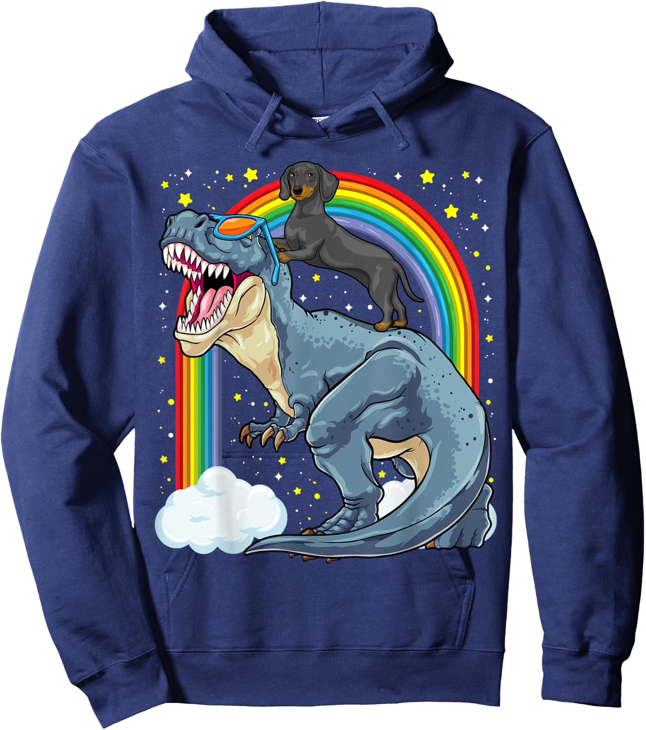 Dachshund Riding Dinosaur T-Rex Dog Rainbow Dino Funny Hoodie - Hoodie | Navy
