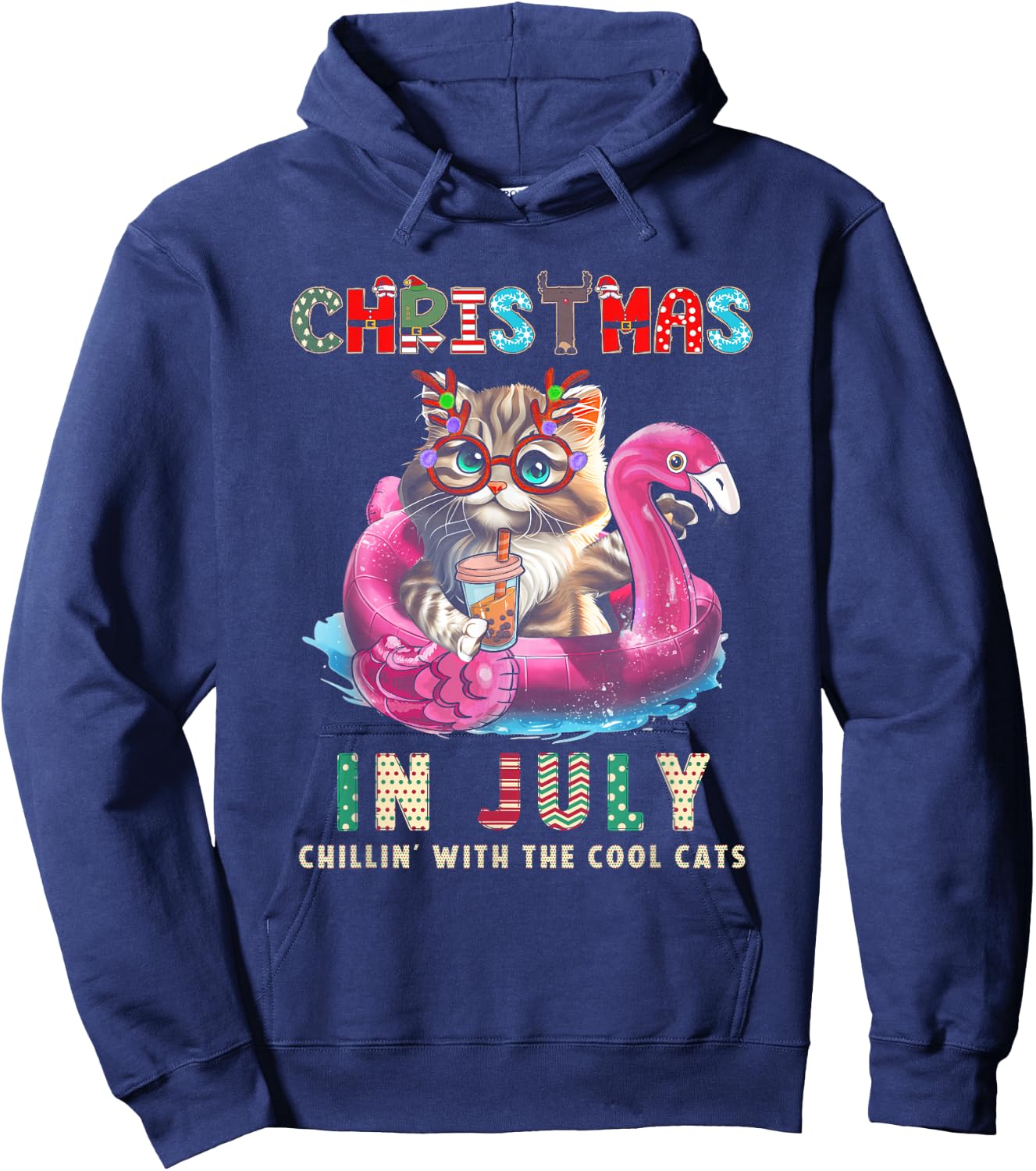 Christmas In July Chillin Cats Flamingo Float Meowy Xmas Hoodie - Hoodie | Navy