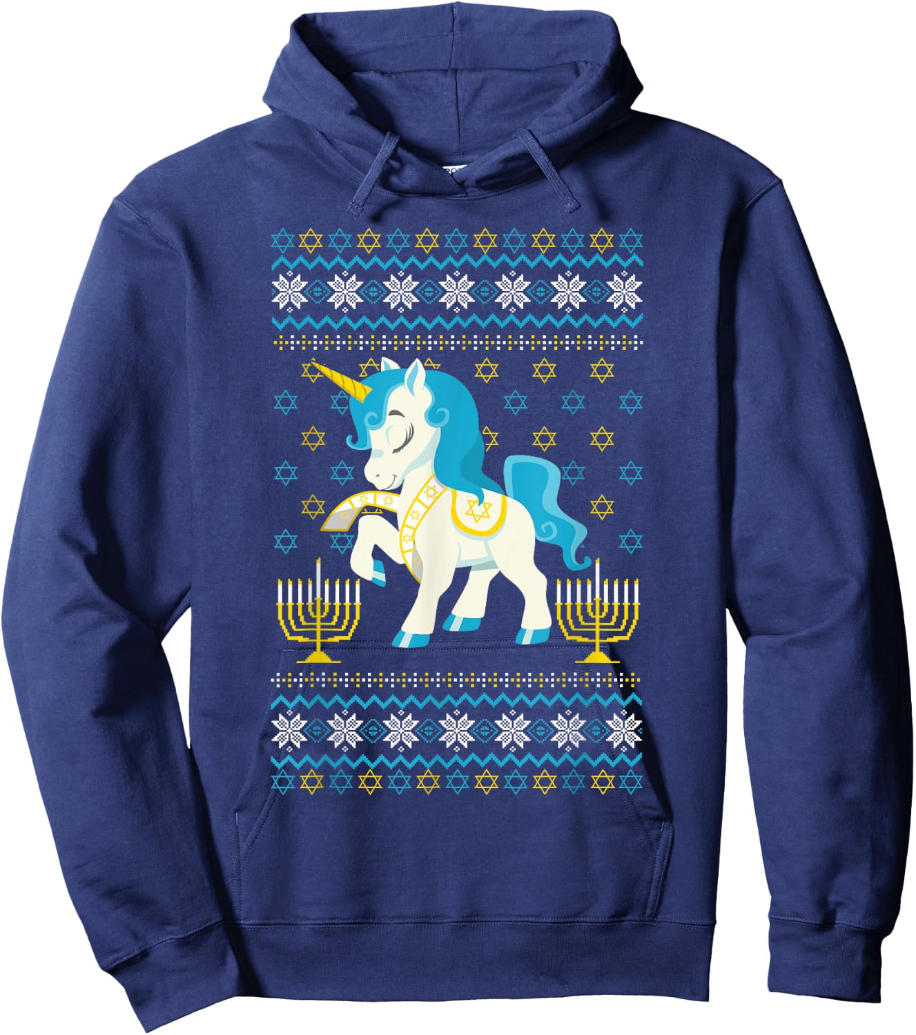 Ugly Hanukkah Sweater Unicorn Jewish Star Christmas Menorah Hoodie - Hoodie | Navy