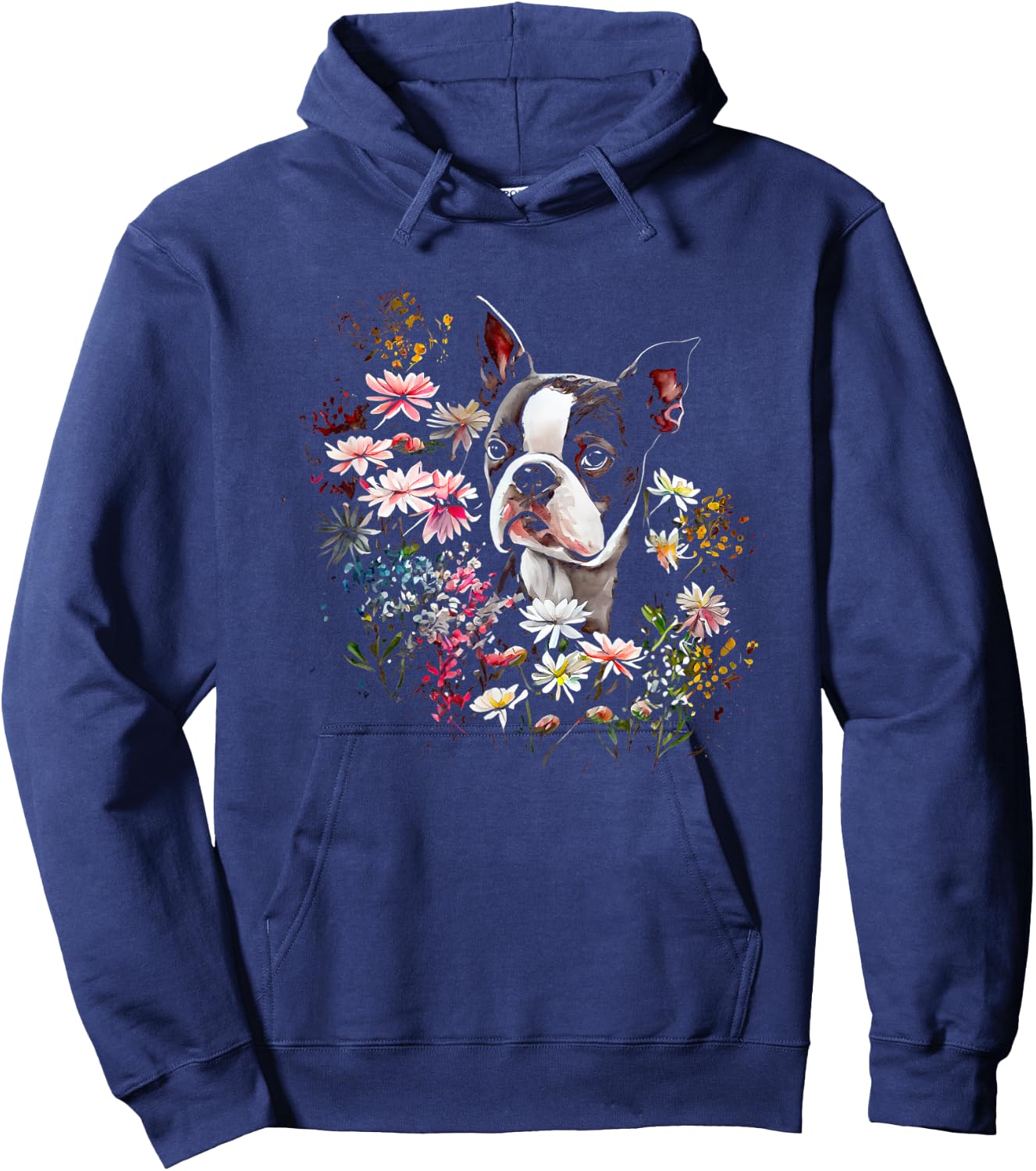 Watercolor Boston Terrier with flowers - Bostie Hoodie - Hoodie | Navy