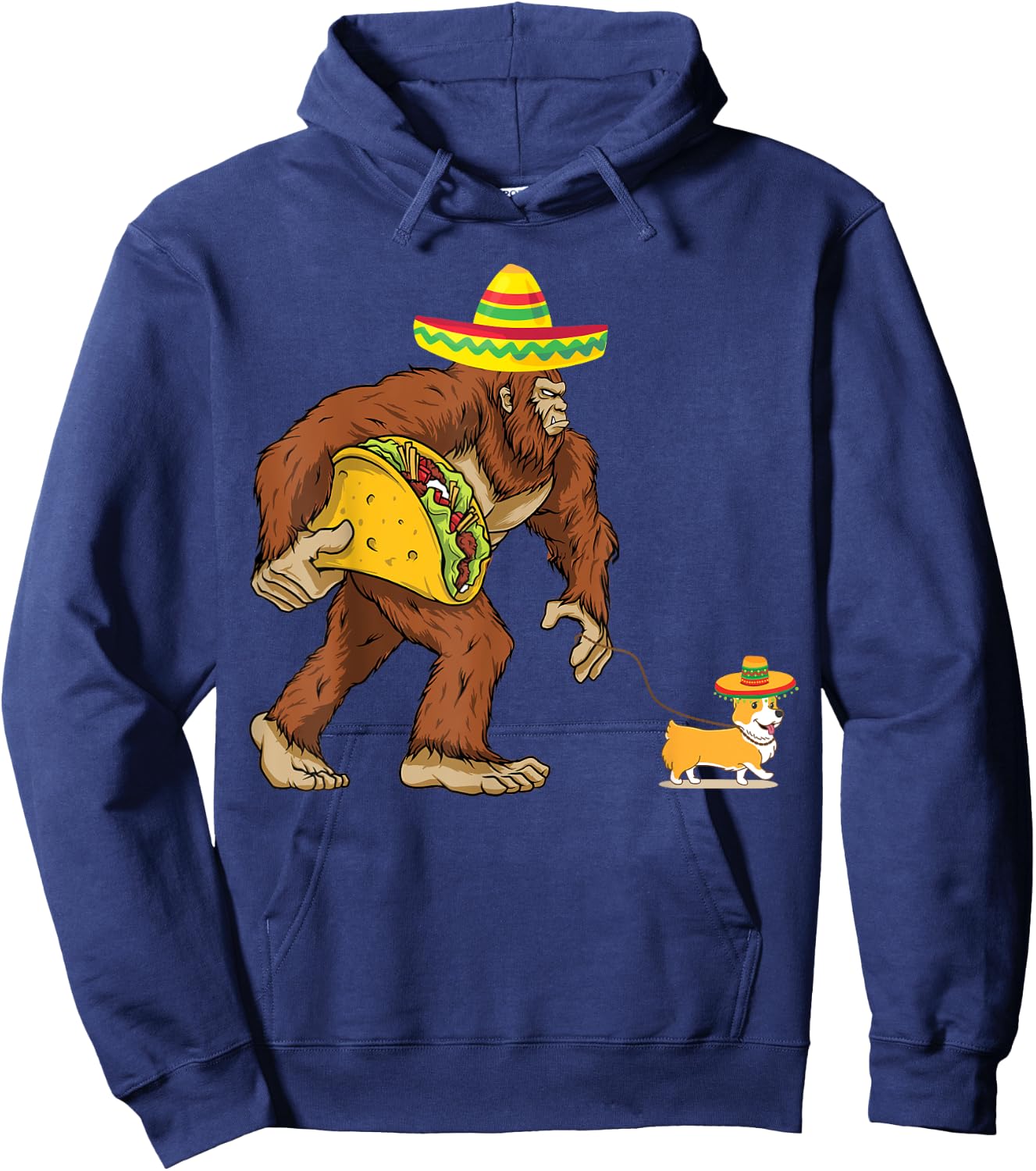 Bigfoot Steal Taco Corgi Dog Sombrero Cinco de Mayo Graphic Men Women Kids Hoodie - Hoodie | Navy