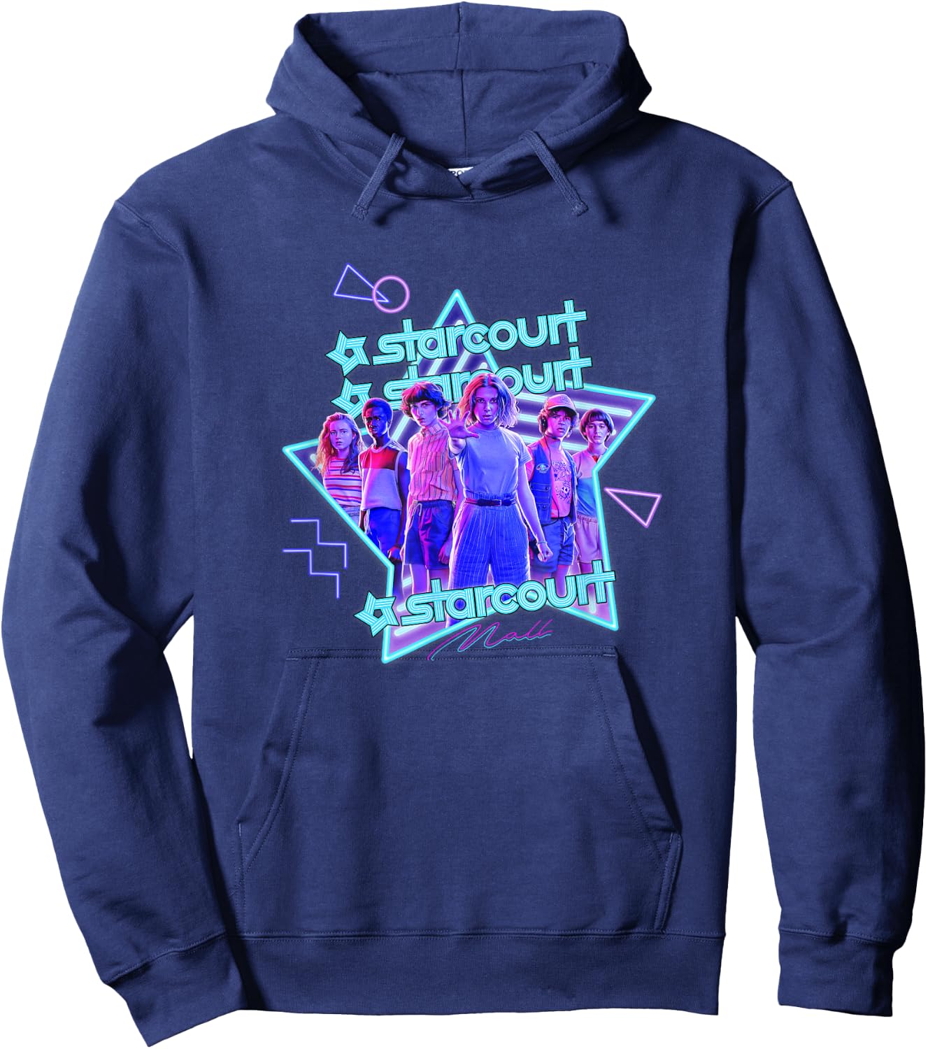 Stranger Things Starcourt Mall Vintage Neon Group Portrait Hoodie - Hoodie | Navy