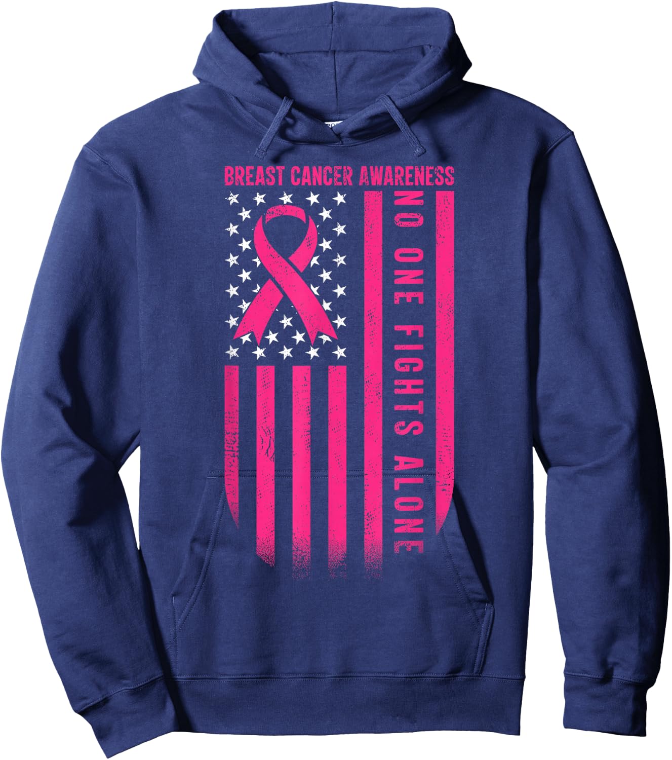 No One Fights Breast Cancer Alone American Flag Pink Ribbon Hoodie - Hoodie | Navy