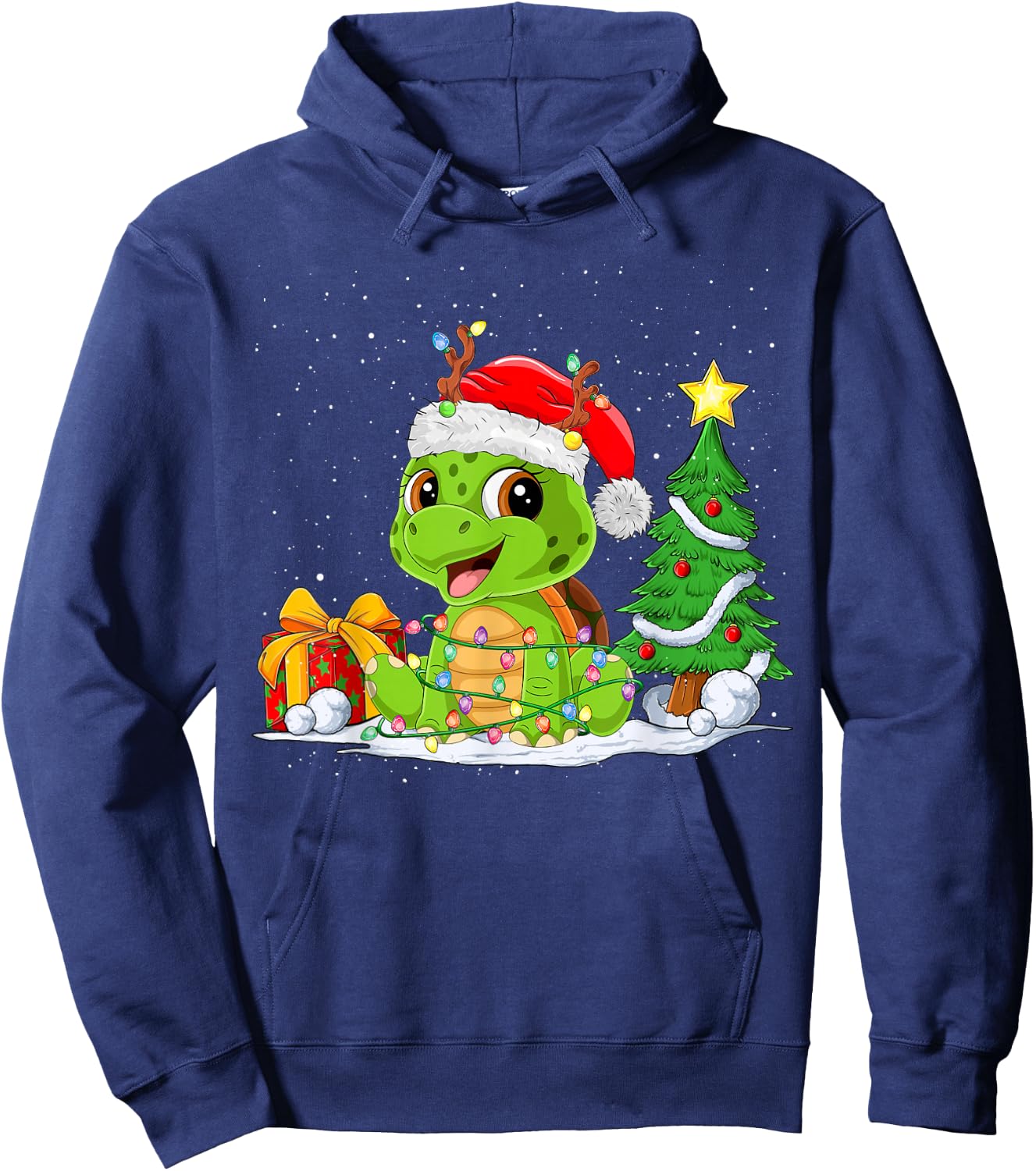 Cute Turtle Santa Christmas Tree Lights Xmas Pajama Turtle Hoodie - Hoodie | Navy