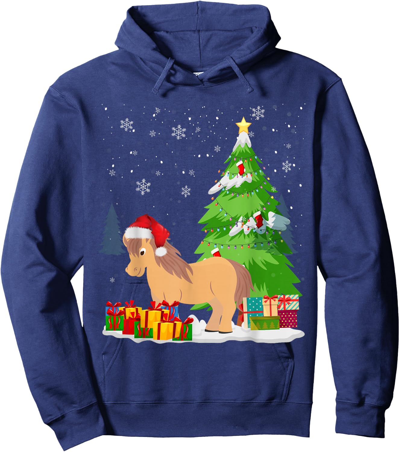 Funny Christmas Miniature Horse Santa Hat Matching Family Hoodie - Hoodie | Navy