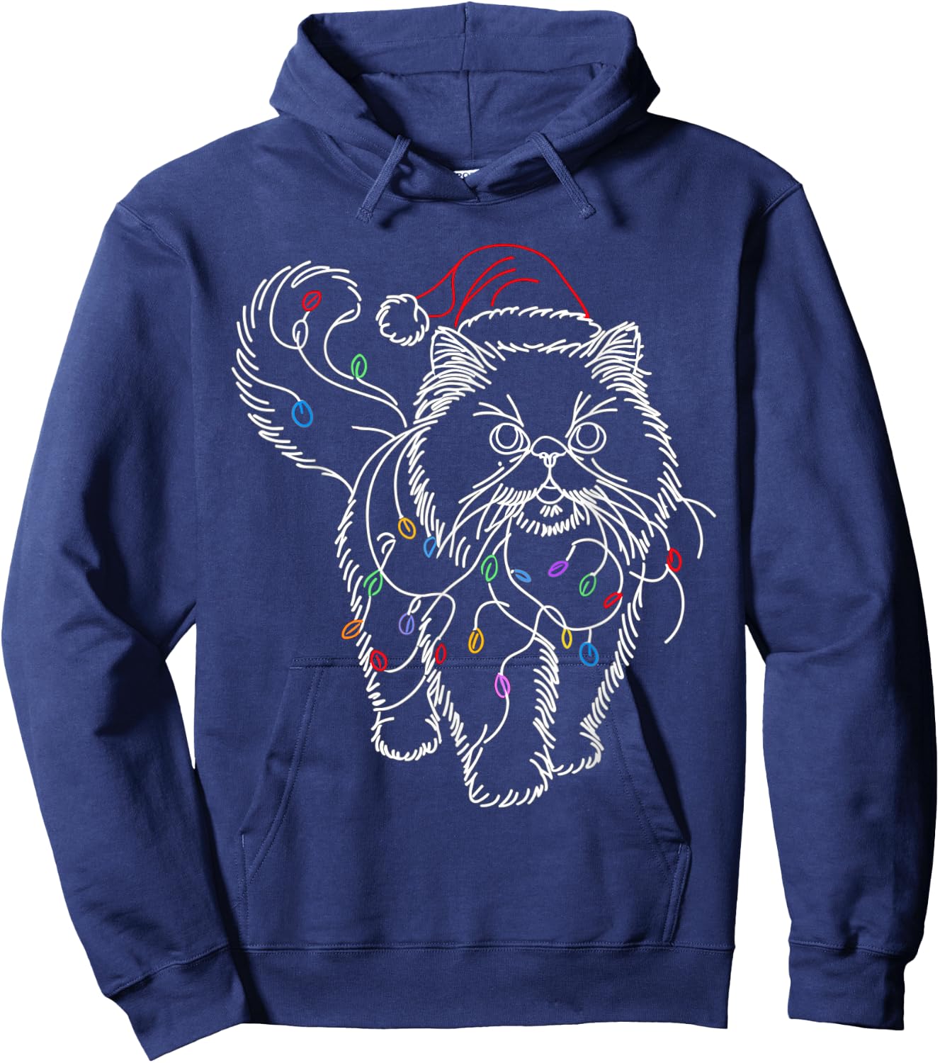Persian Cat Santa Christmas Tree Lights Ugly Pajamas Mom Dad Women Kids Hoodie - Hoodie | Navy