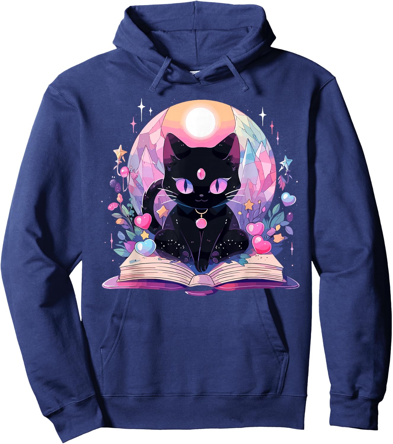 Book Lover Crystal Witchy Cute Black Cat Kawaii Pastel Goth Hoodie - Hoodie | Navy