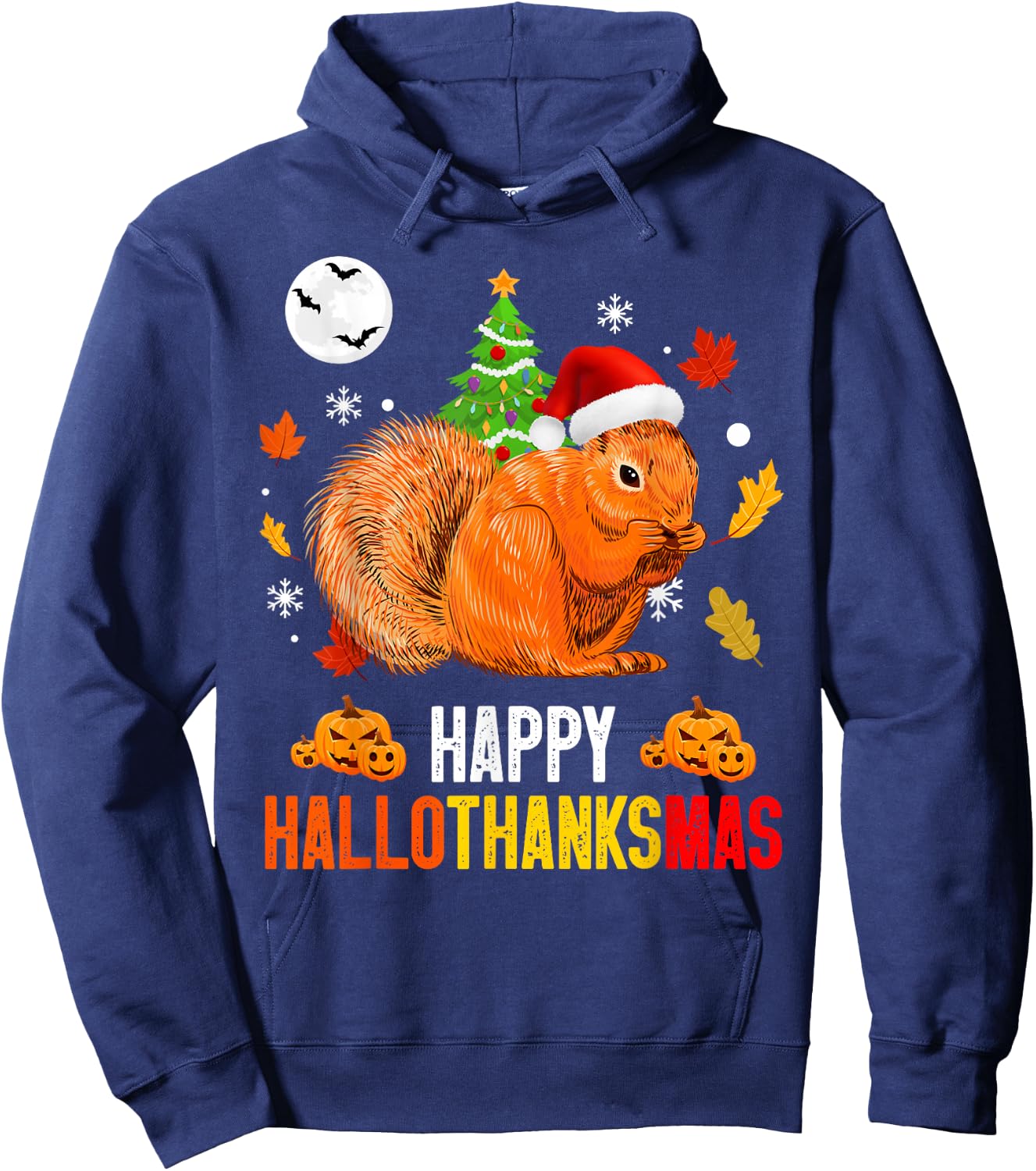 Squirrel Happy Hallothanksmas Halloween Thanksgiving Xmas Hoodie - Hoodie | Navy