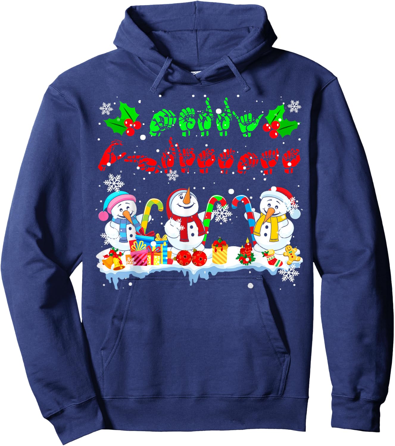 Merry Christmas Cute Three Snowmans ASL Sign Language Family Hoodie - Hoodie | Navy