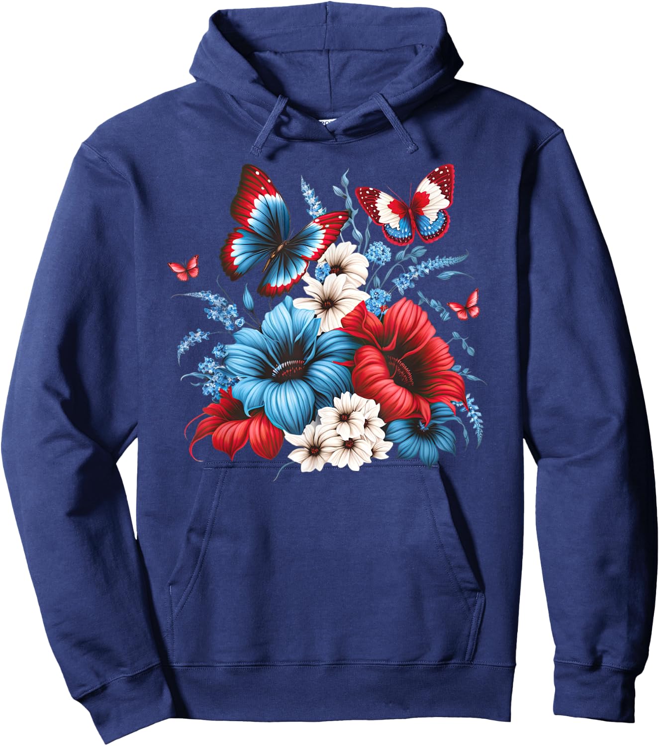 Butterfly Flowers - Red White and Blue 4th of July Patriotic Hoodie - Hoodie | Navy