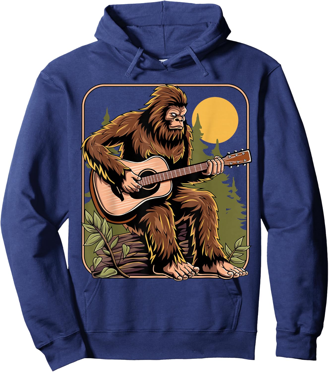 Retro Bigfoot Sasquatch Playing Acoustic Guitar Guitarist Hoodie - Hoodie | Navy