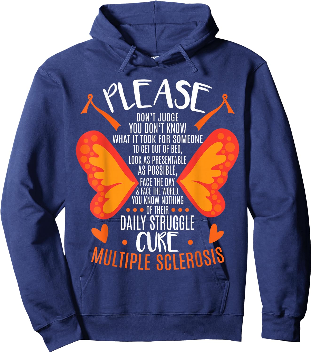 MS Multiple Sclerosis Awareness Orange Ribbon MS Awareness - -Adults - Black - Short Sleeve - Small - Classic Fit - Cotton 60%, Polyester 40% Hoodie - Hoodie | Navy