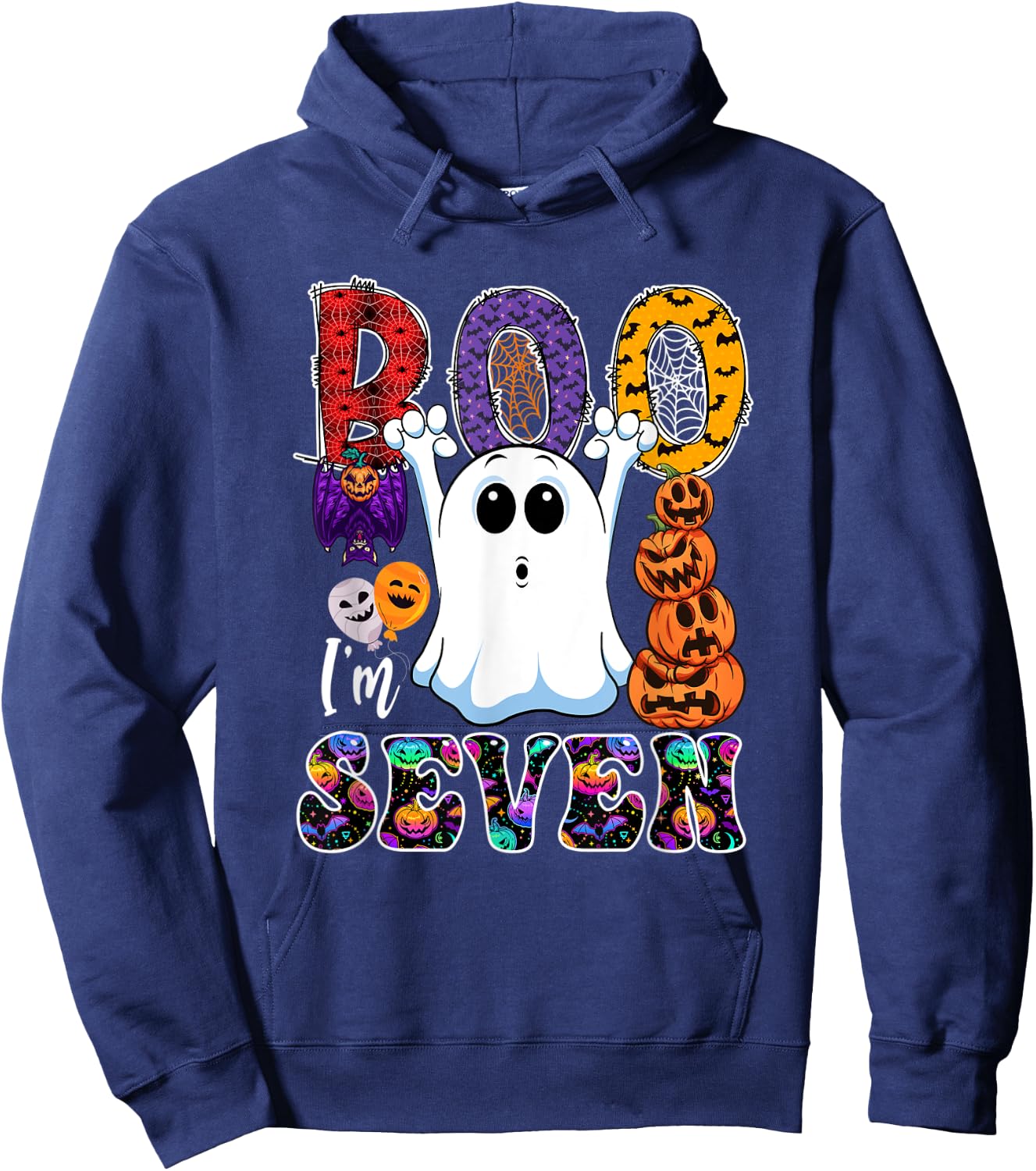 Boo I'm Seven Cute Boo Ghost Halloween 7th Birthday Family Hoodie - Hoodie | Navy