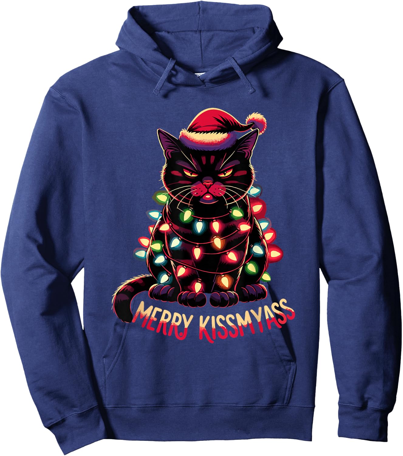 Merry Kissmyass Funny Black Cat Christmas Lights Santa Hat Hoodie - Hoodie | Navy