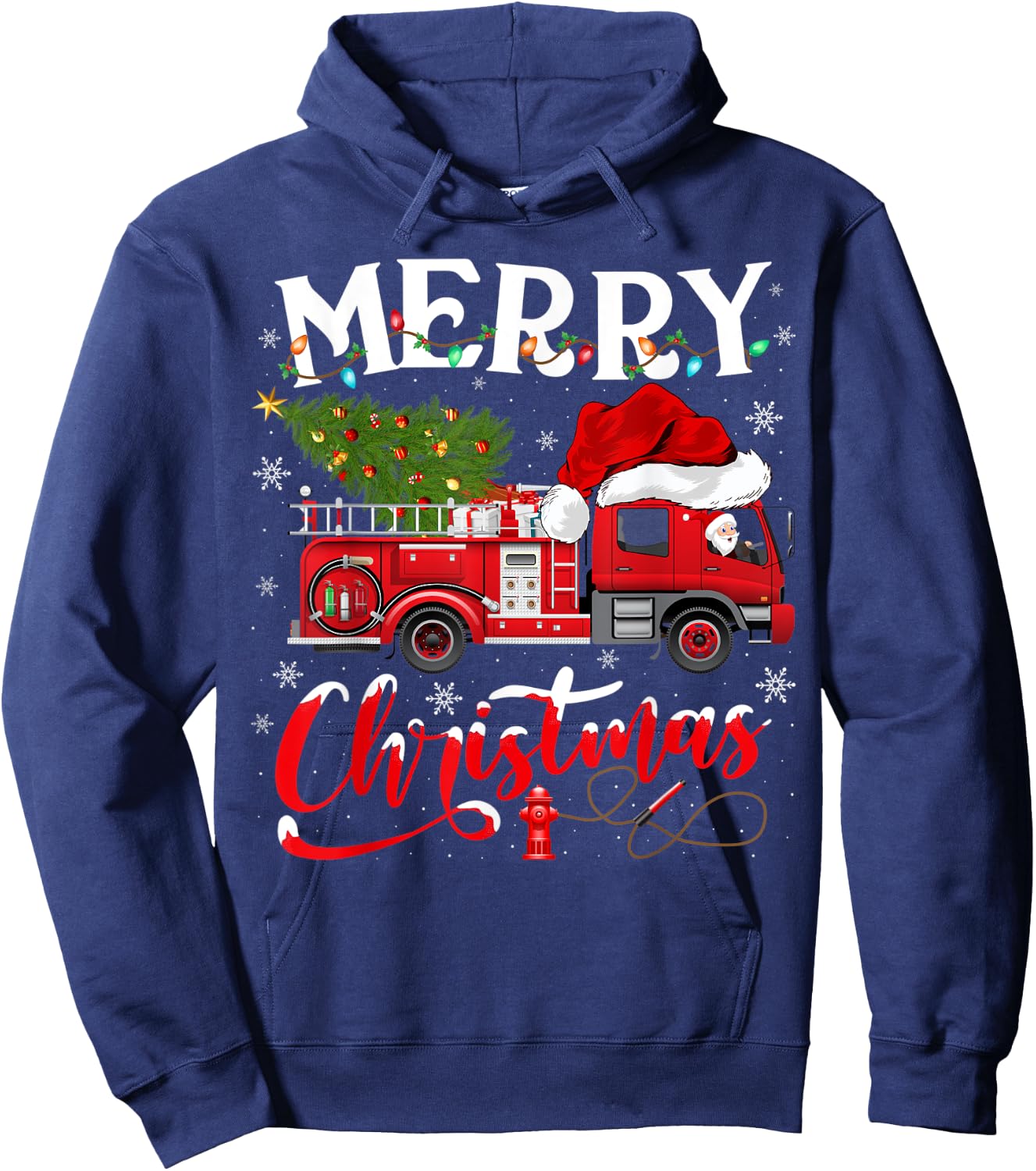 Fire Truck Xmas Tree Fireman Firefighter Merry Christmas Hoodie - Hoodie | Navy