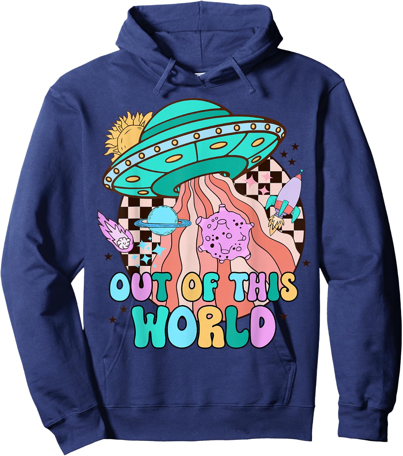 Out of This World Outer Space Rocket Retro Planet Galaxy Hoodie - Hoodie | Navy
