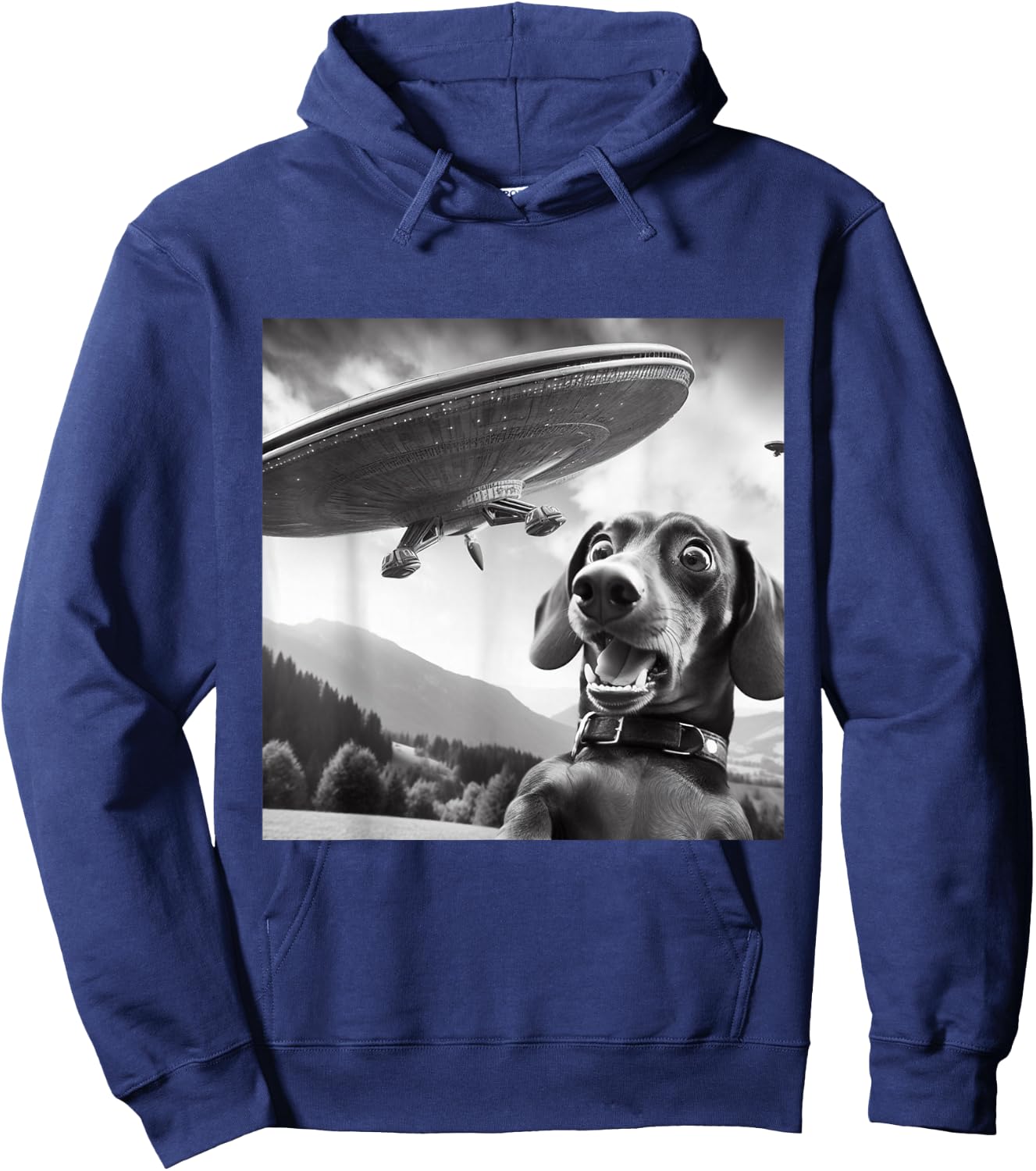 Wiener Dog Selfie With UFOs - Funny Flying Alien Dachshund Hoodie - Hoodie | Navy
