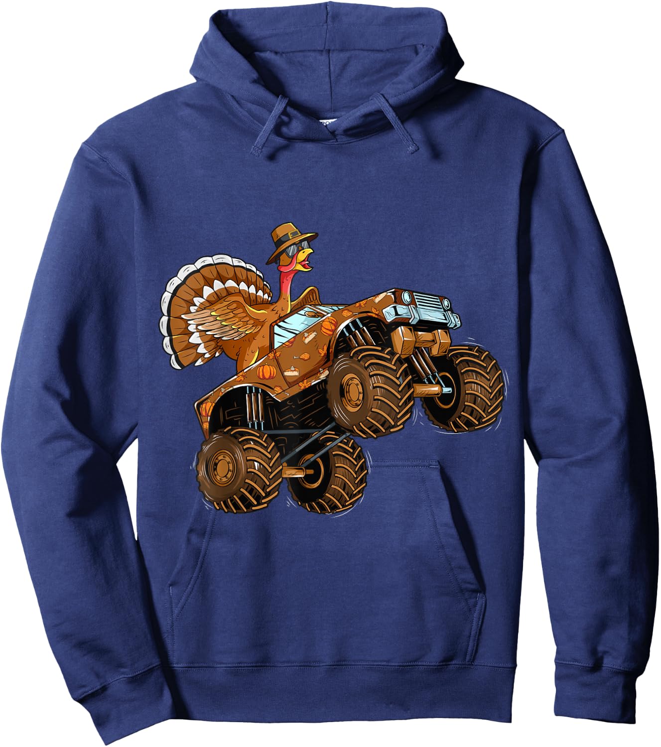 Thanksgiving Turkey Riding Monster Truck For Boys Girls Kids Hoodie - Hoodie | Navy