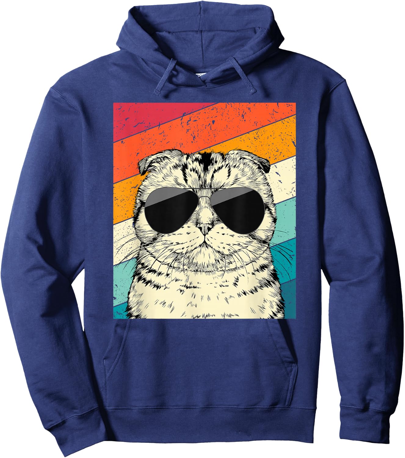 Retro Vintage Scottish Fold Cat with Sunglasses Cat Lovers Hoodie - Hoodie | Navy