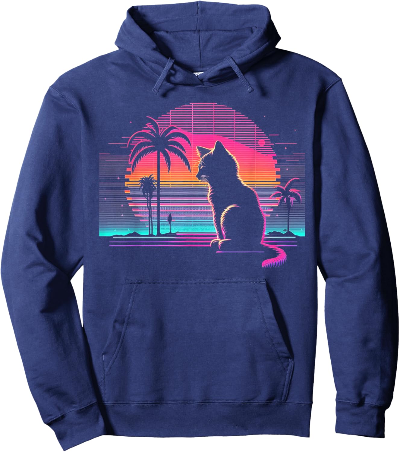 Cat Vaporwave Retrowave Aesthetic Synthwave 80s Palm Tree Hoodie - Hoodie | Navy