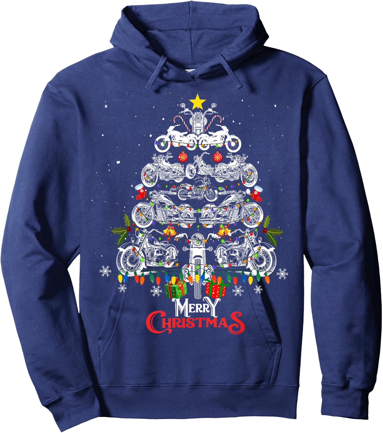 Merry Christmas Motorcycle Tree Christmas Lights Biker Xmas Hoodie - Hoodie | Navy