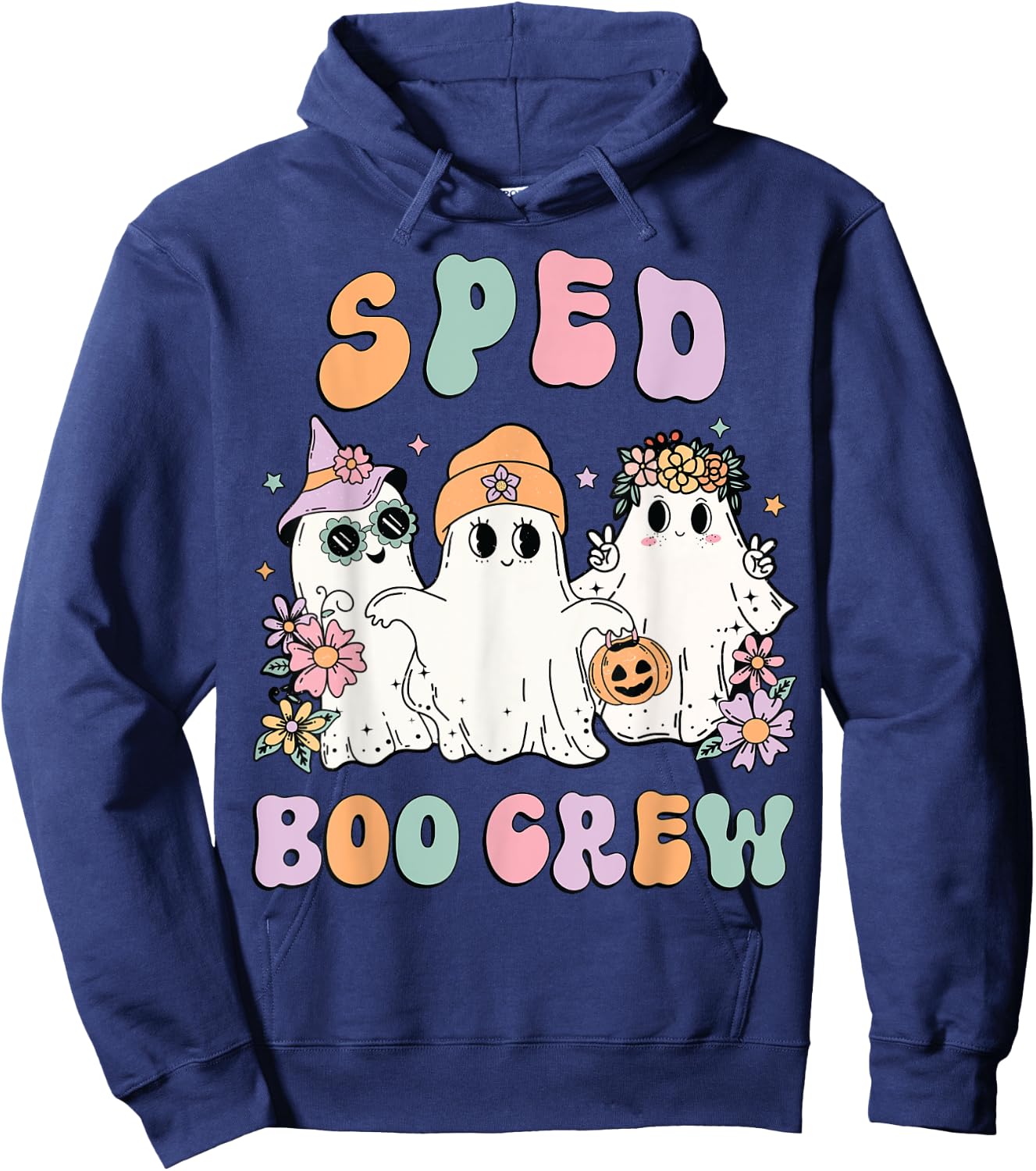 SPED Boo Crew Halloween Floral Ghost Special Ed SPED Teacher Women Kids Hoodie - Hoodie | Navy