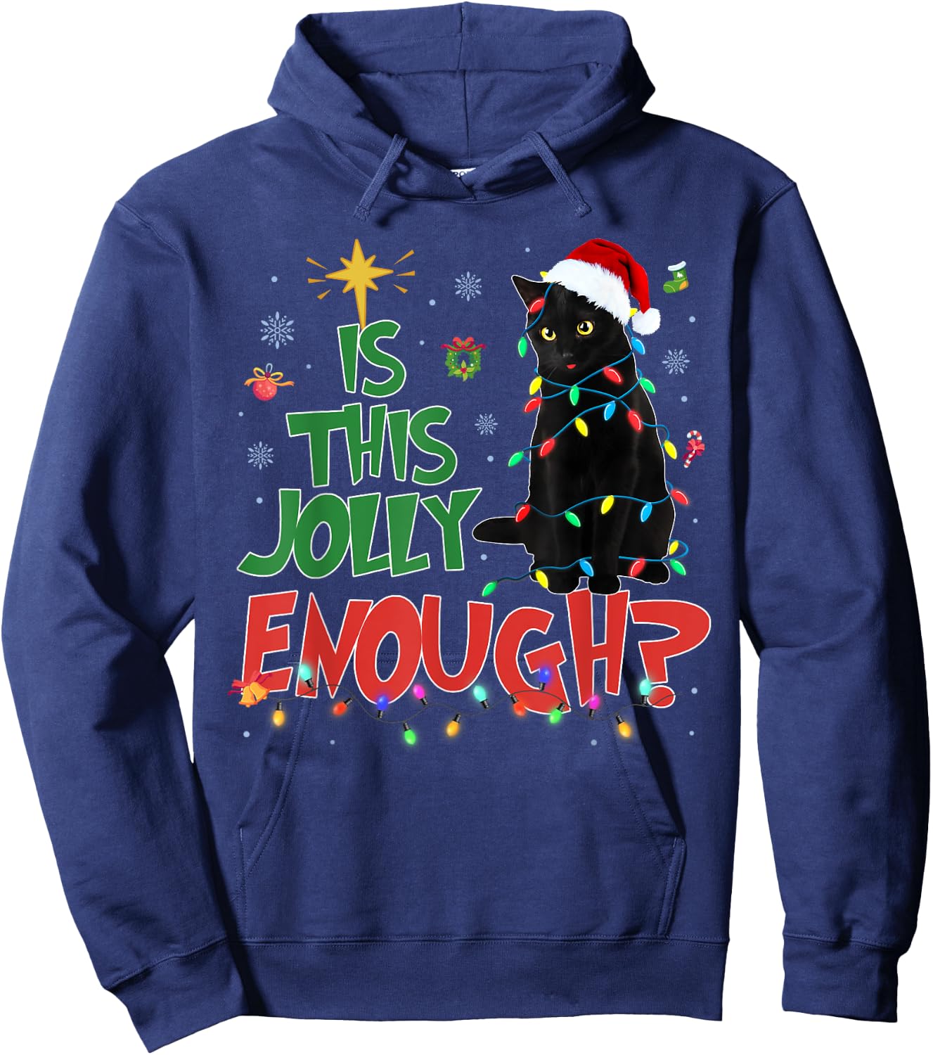 Is This Jolly Enough Black Cat Merry Christmas Tree Lights Hoodie - Hoodie | Navy