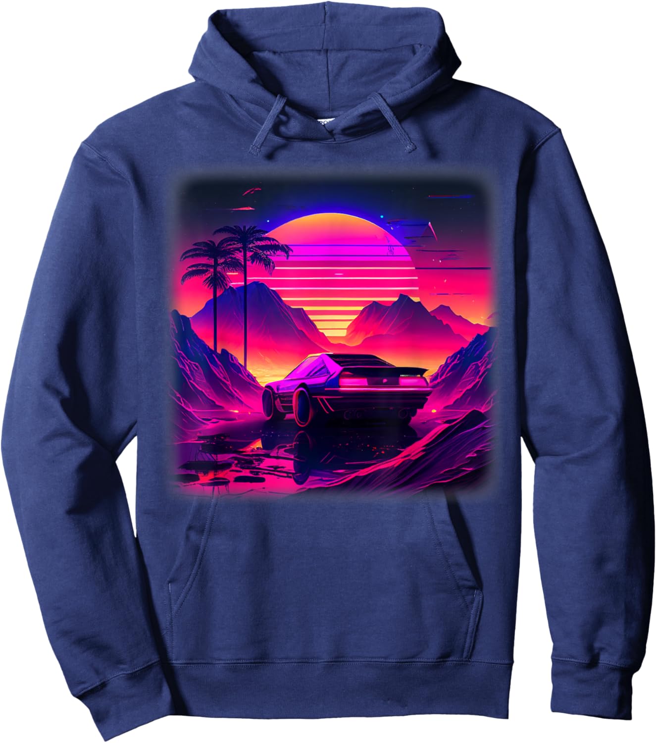 Synthwave Vaporwave Sunset Palm Trees 80s 90s Illustration Hoodie - Hoodie | Navy