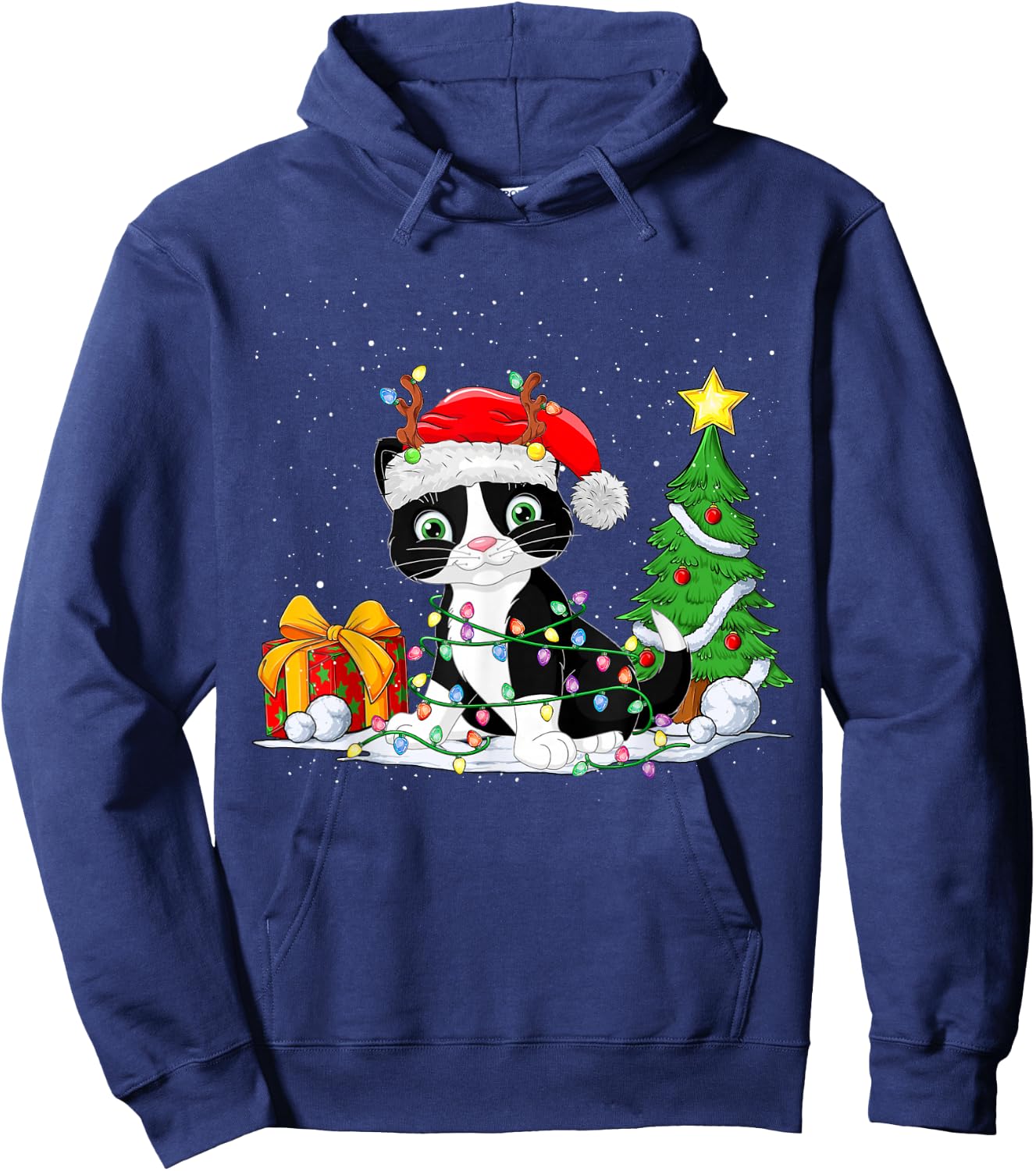 Cute Tuxedo Cat Santa Christmas Tree Lights Xmas Tuxedo Cat Hoodie - Hoodie | Navy