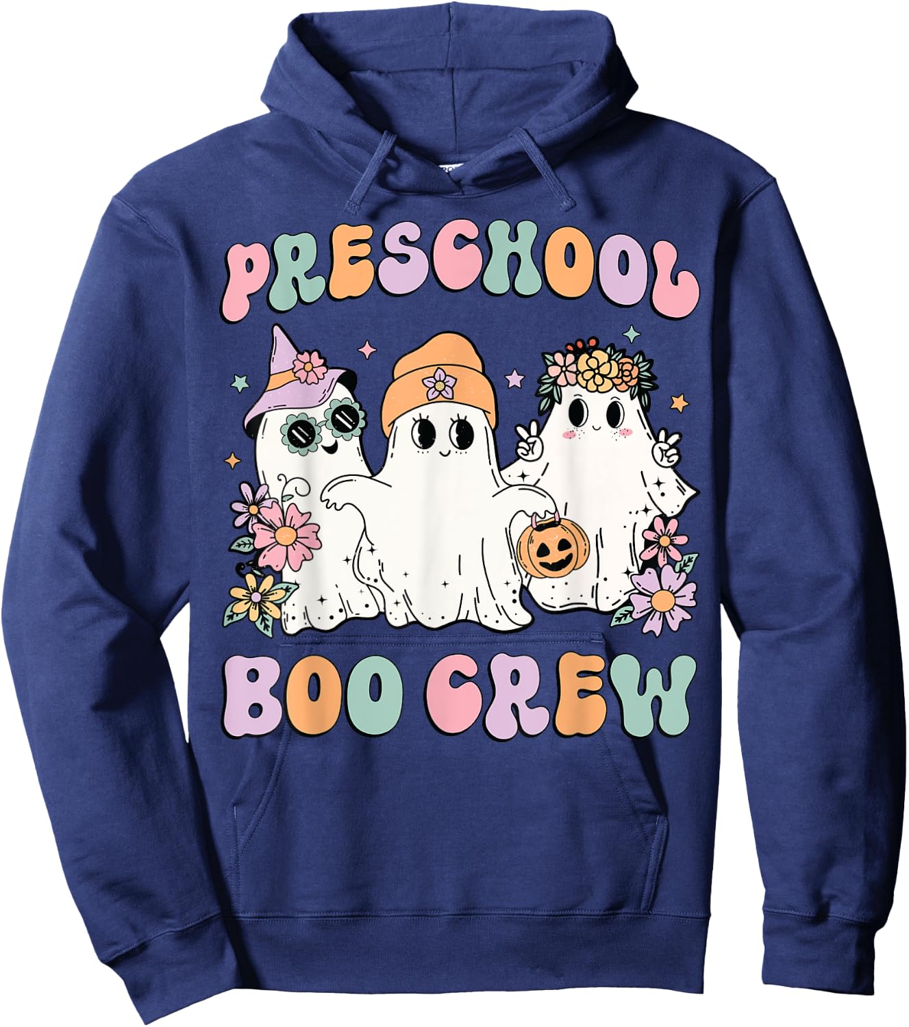 Preschool Boo Crew Groovy Halloween Floral Ghost Teacher Men Women Kids Hoodie - Hoodie | Navy